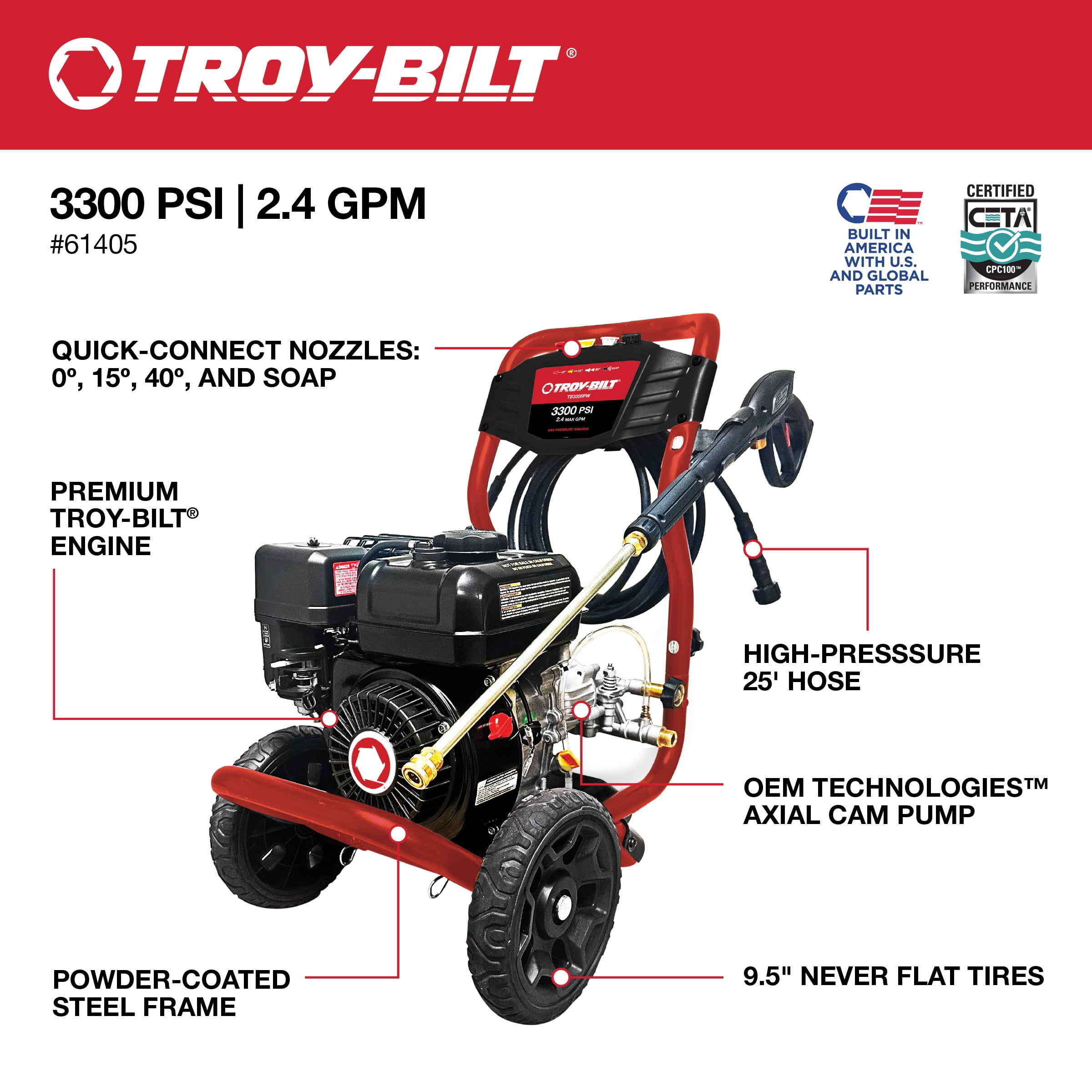 Troy-Bilt 3300 PSI 2.4 GPM Gas Pressure Washer with Axial Cam Pump and 4 Nozzles (1 EA) eieu3