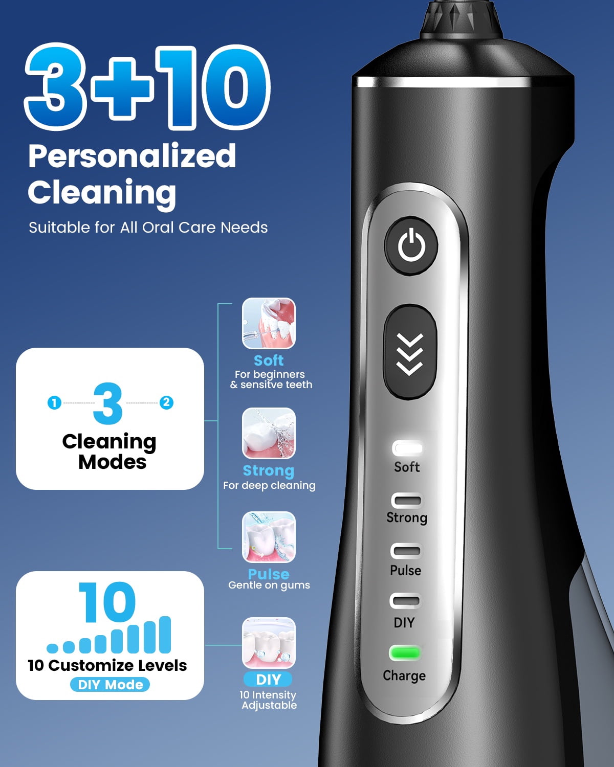 JTF Cordless Water Flosser for Teeth, Portable Oral Irrigator with 10 Pressure Levels and 9 Tips (Black, 10.14 fl oz) gkah9