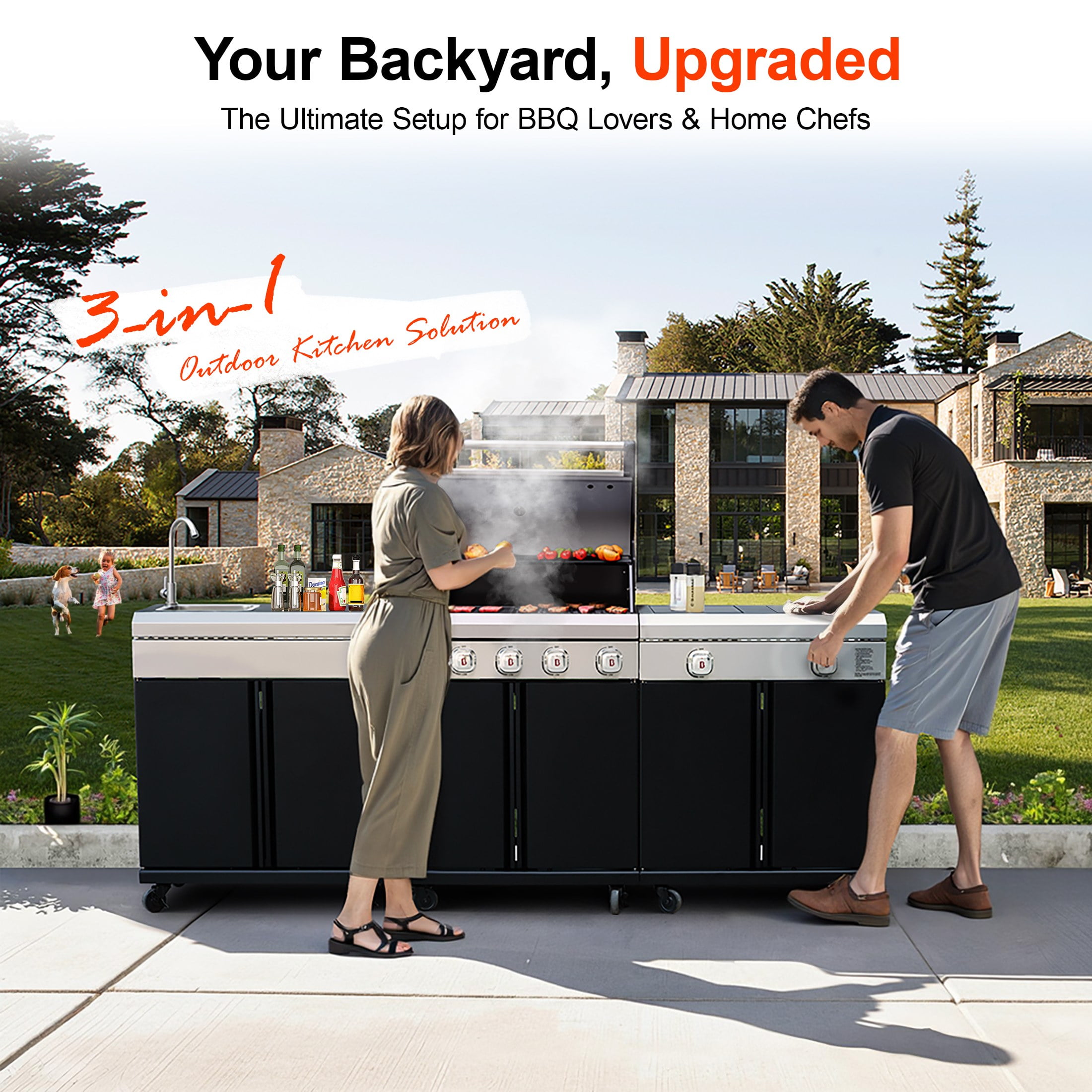 Brand-Man Outdoor Modular Island Kitchen Grill with Sink Station (Black, 90.4 in) bcge2