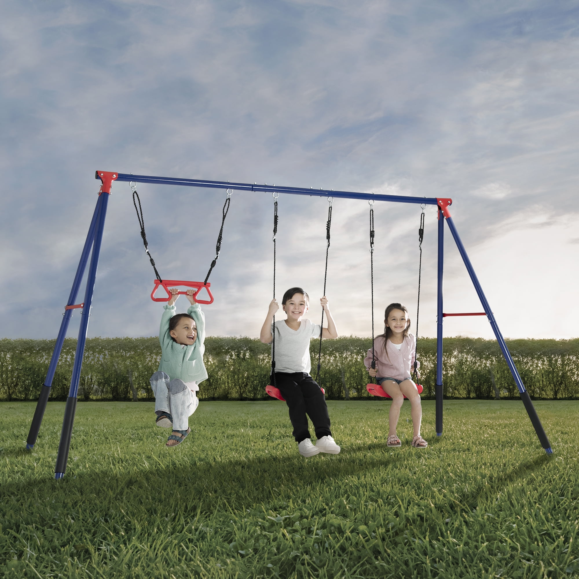 Delta Children FunZone Outdoor Metal 3-Piece Swing Set with 2 Swings and 1 Trapeze Bar (Blue/Red, 144 in W x 54 in D x 70 in H) e1y6s