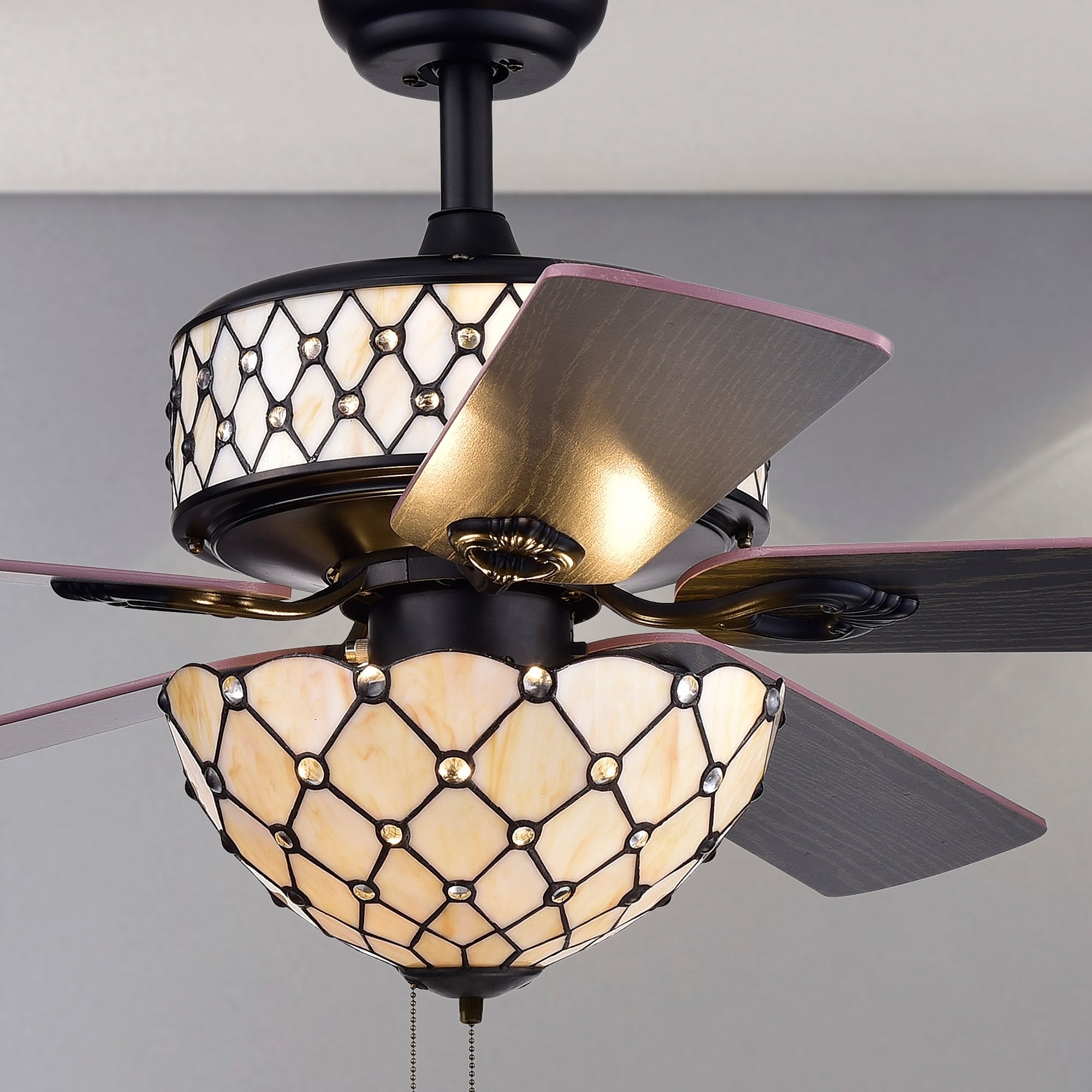Tohva 52-Inch 5-Blade Ceiling Fan with 6-Light Ivory Tiffany Shade (Matte Black, 52 in) ej5ya