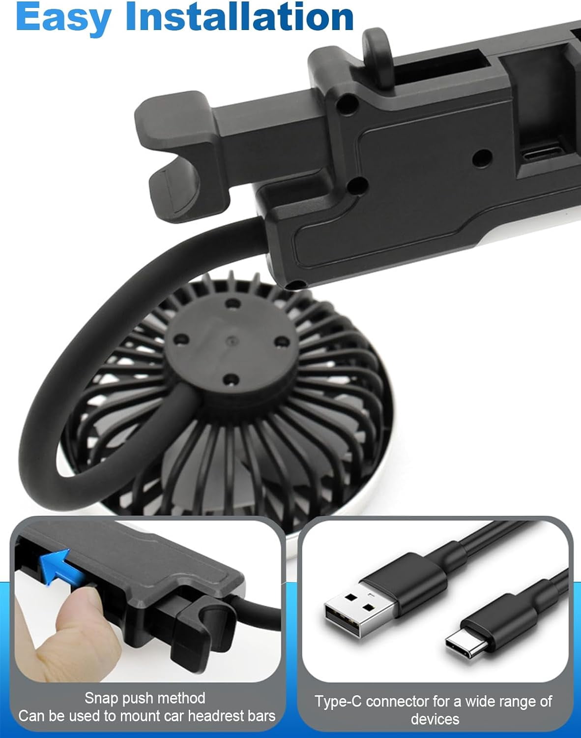 Prociv Dual Head Car Fan with LED Lights, 3-Speed USB Cooling Fan for Vehicles, 360 Degree Rotatable (Black, 1 Pack) 6v8zv