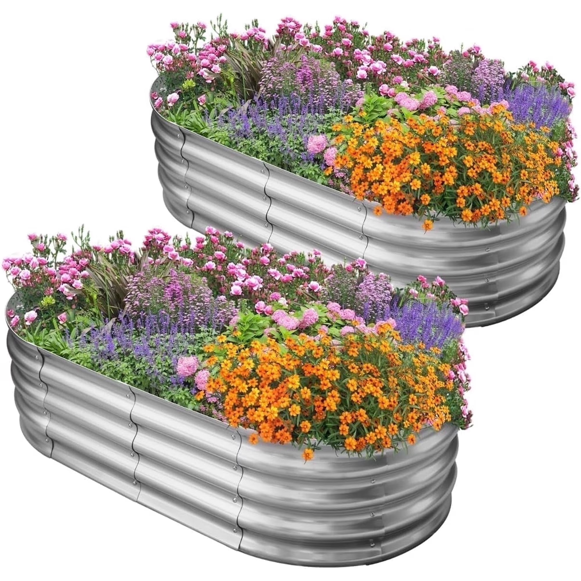 HGD Raised Garden Bed Kit Oval Galvanized Metal (Silver, 2 Pack, 48 in x 24 in x 12 in) q9o9o