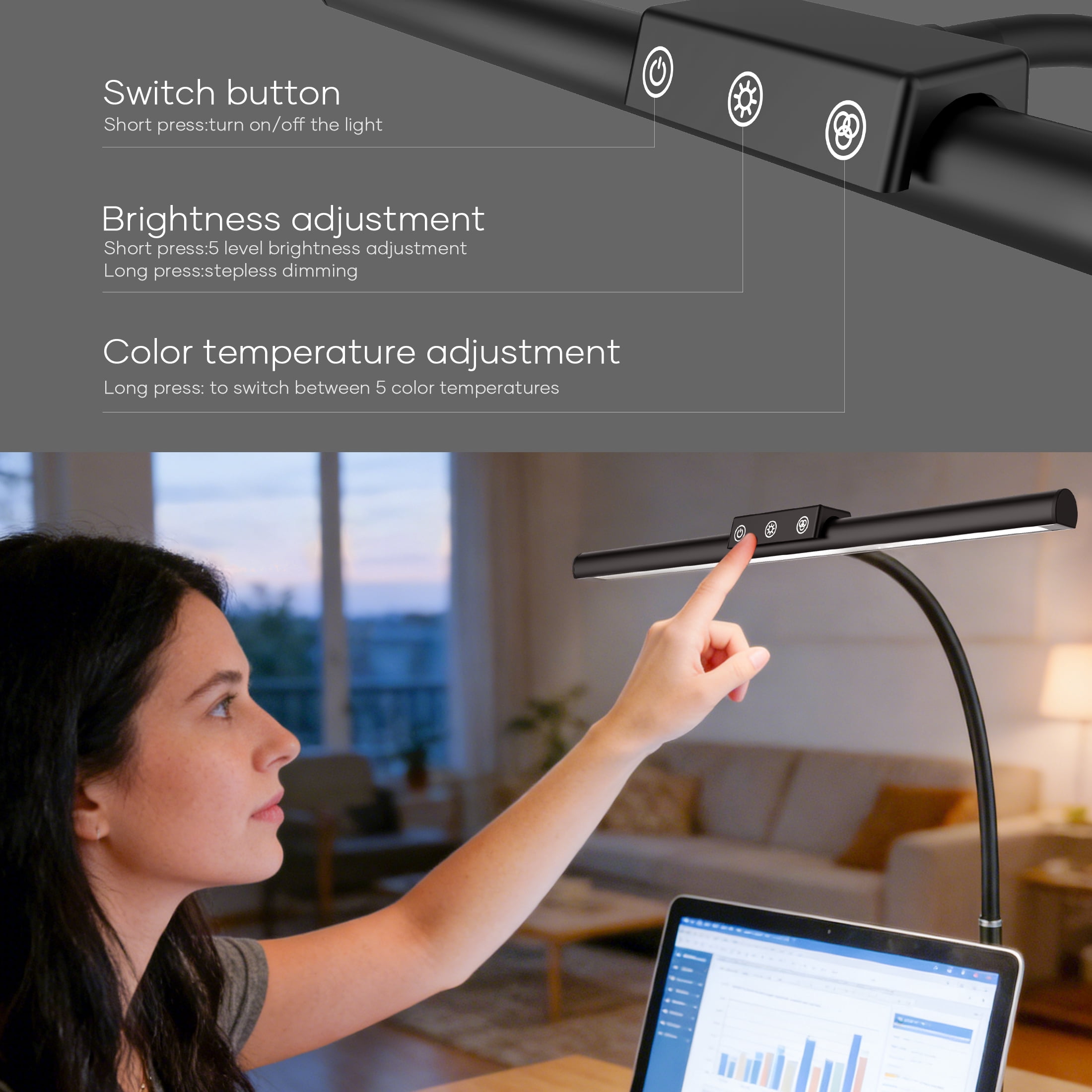 ORFELD LED Desk Lamp with Clamp, Stepless Dimming, Flexible Gooseneck for Office & Home (Black, 17 in) flcx4