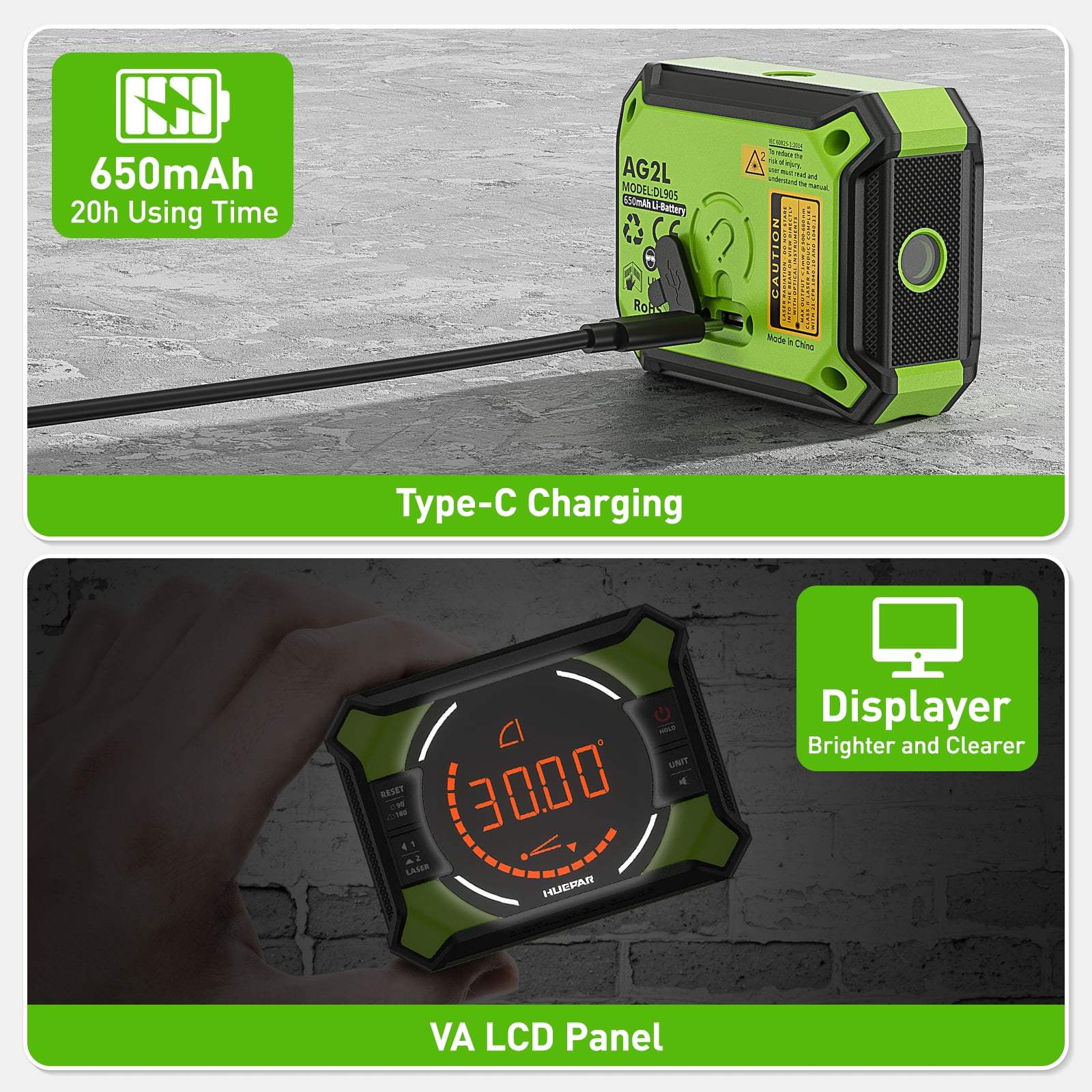 Huepar Digital Laser Angle Gauge Inclinometer with Rechargeable Battery (Green, 1 Pack) l8rcn
