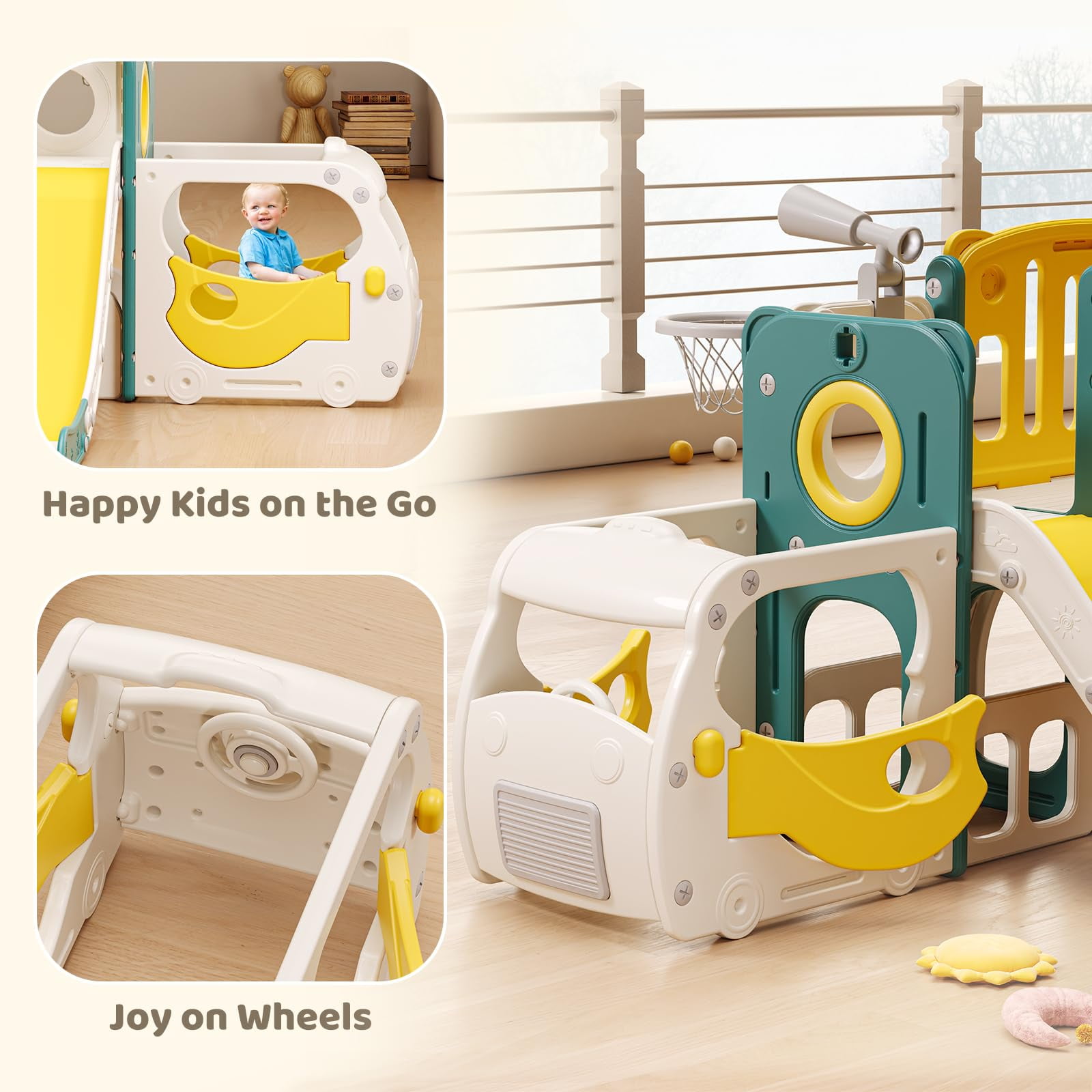 JIAOQIU Bus Themed Toddler Slide Playset with Climber and Basketball Hoop (Green) 63fi7