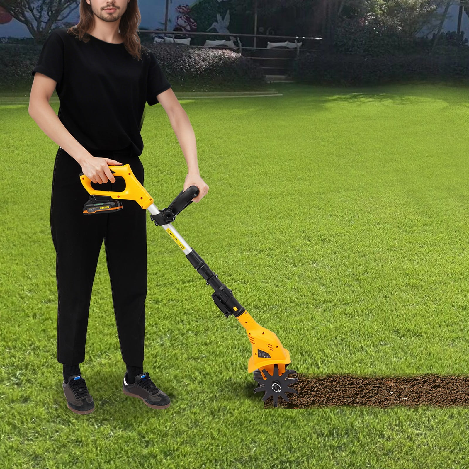 Generic Cordless Electric Tiller Cultivator, 20V Battery Powered Garden Rototiller with Adjustable Handle (Yellow, 8.38 lb) uhp6r
