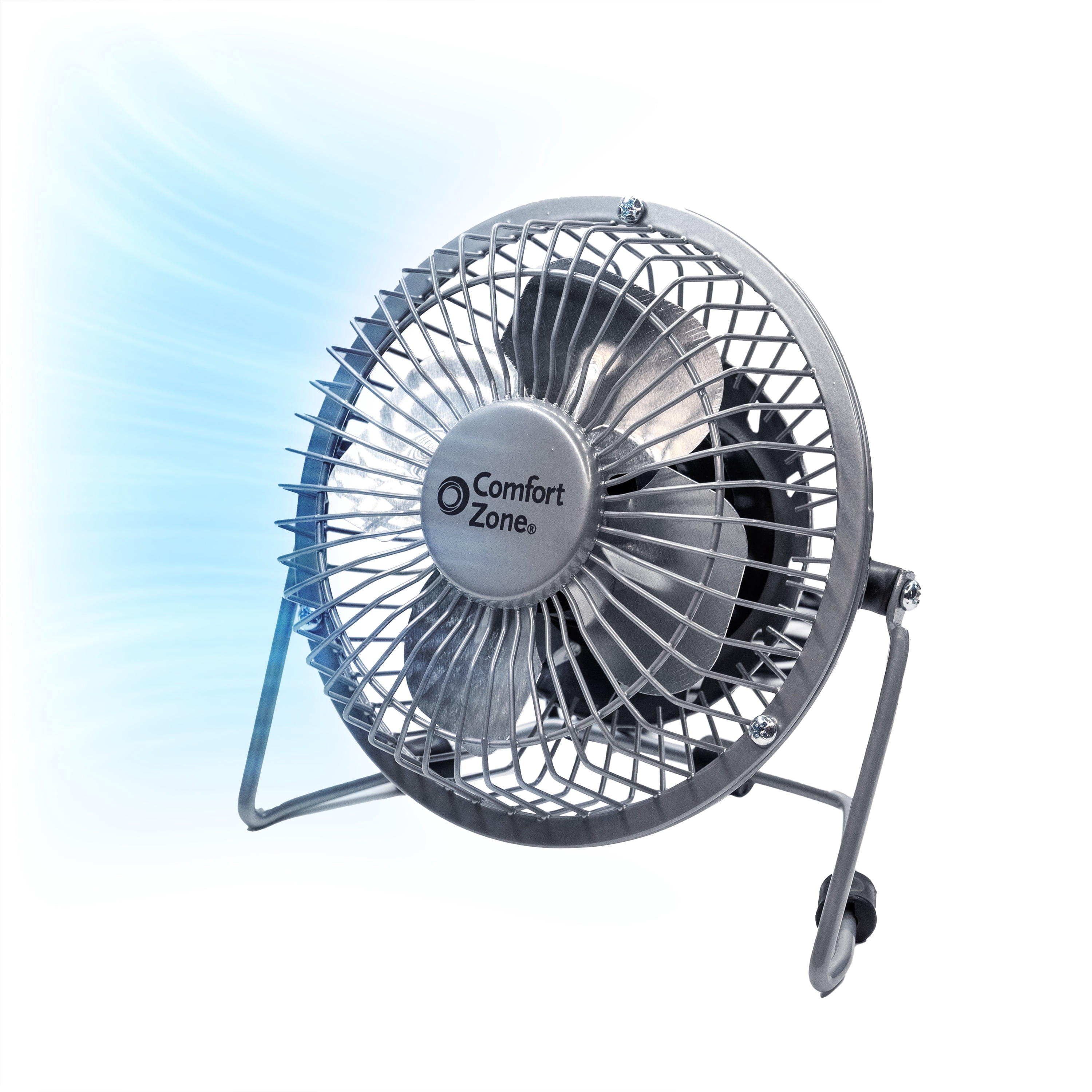 Comfort Zone 4 in Mini Portable Desk Fan, All-Metal, 360-Degree Adjustable Tilt, Dual Powered (Silver, 4 in) xp819