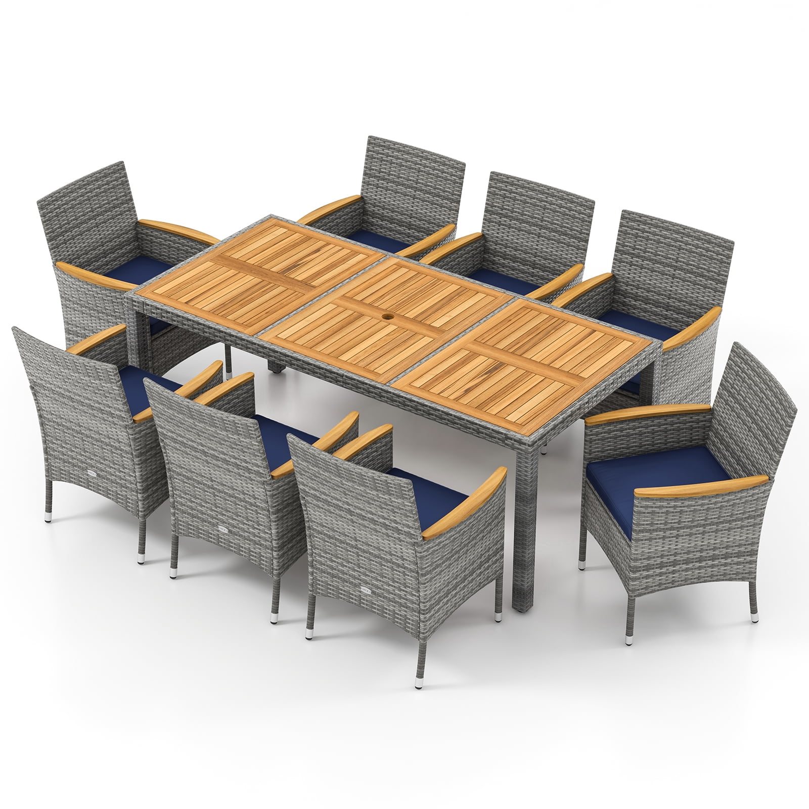 Gymax 9-Piece Patio PE Wicker Dining Set with Acacia Wood Table and Cushioned Chairs (Navy, 9-Piece Set) xmgz5