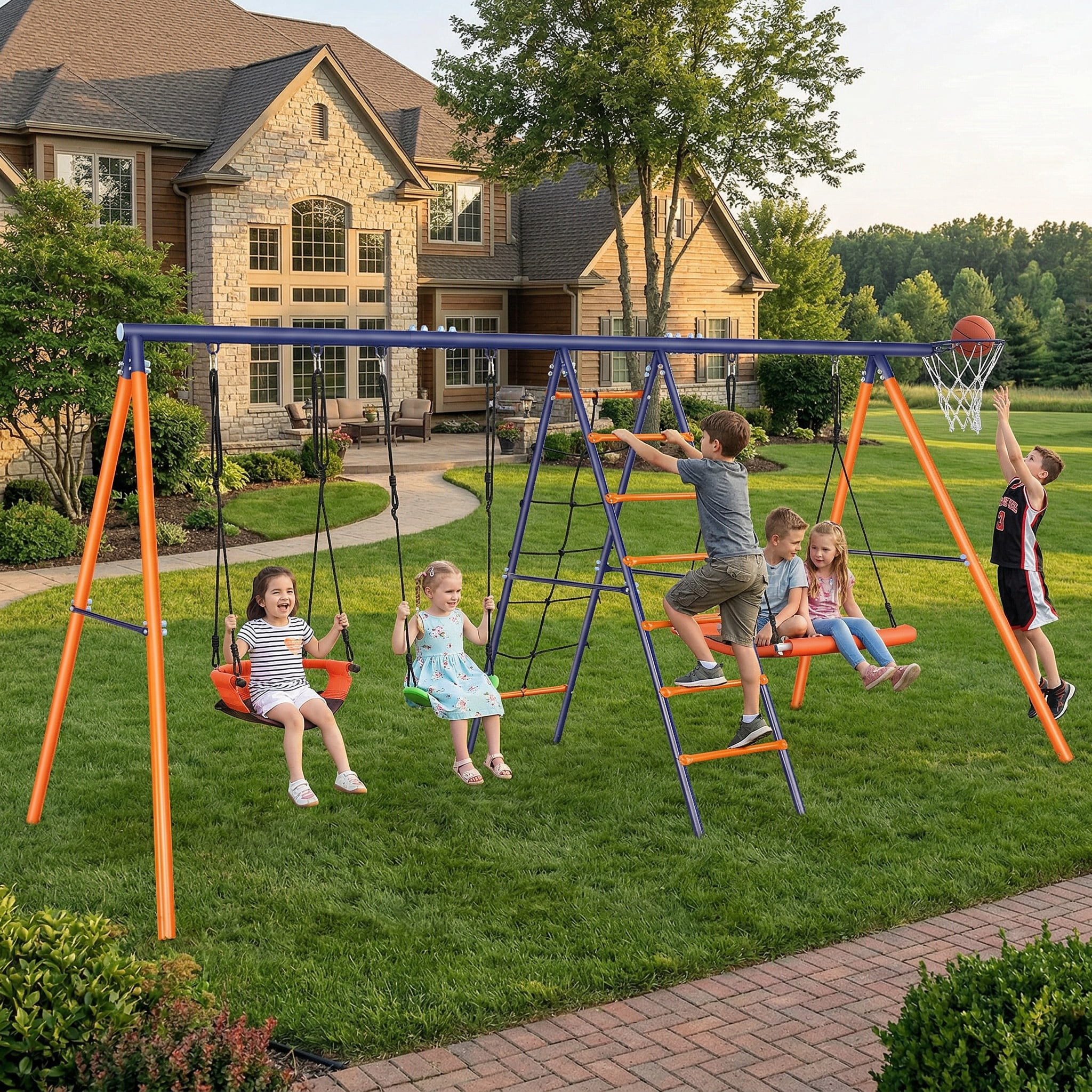 Veeboto 6-in-1 Outdoor Swing Set, Heavy-Duty Metal Backyard Playground with Climbing Ladder and Basketball Hoop (Orange, 700 lb Capacity) fn8wc