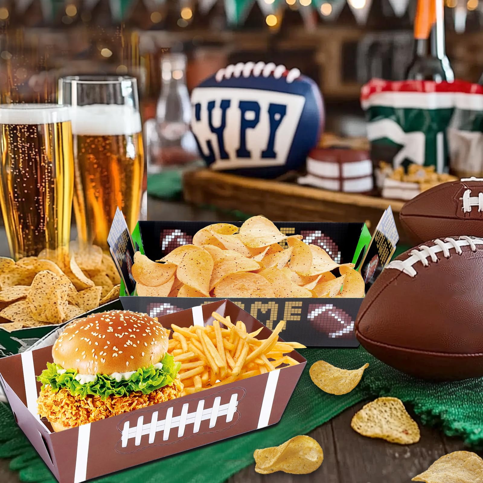 ANTIC DUCK Football Party Food Trays, Disposable Paper Serving Plates for Game Day and Sports Themed Events (Green, 24 Pack, 8.5 x 7 x 2.2 in) cpqkw
