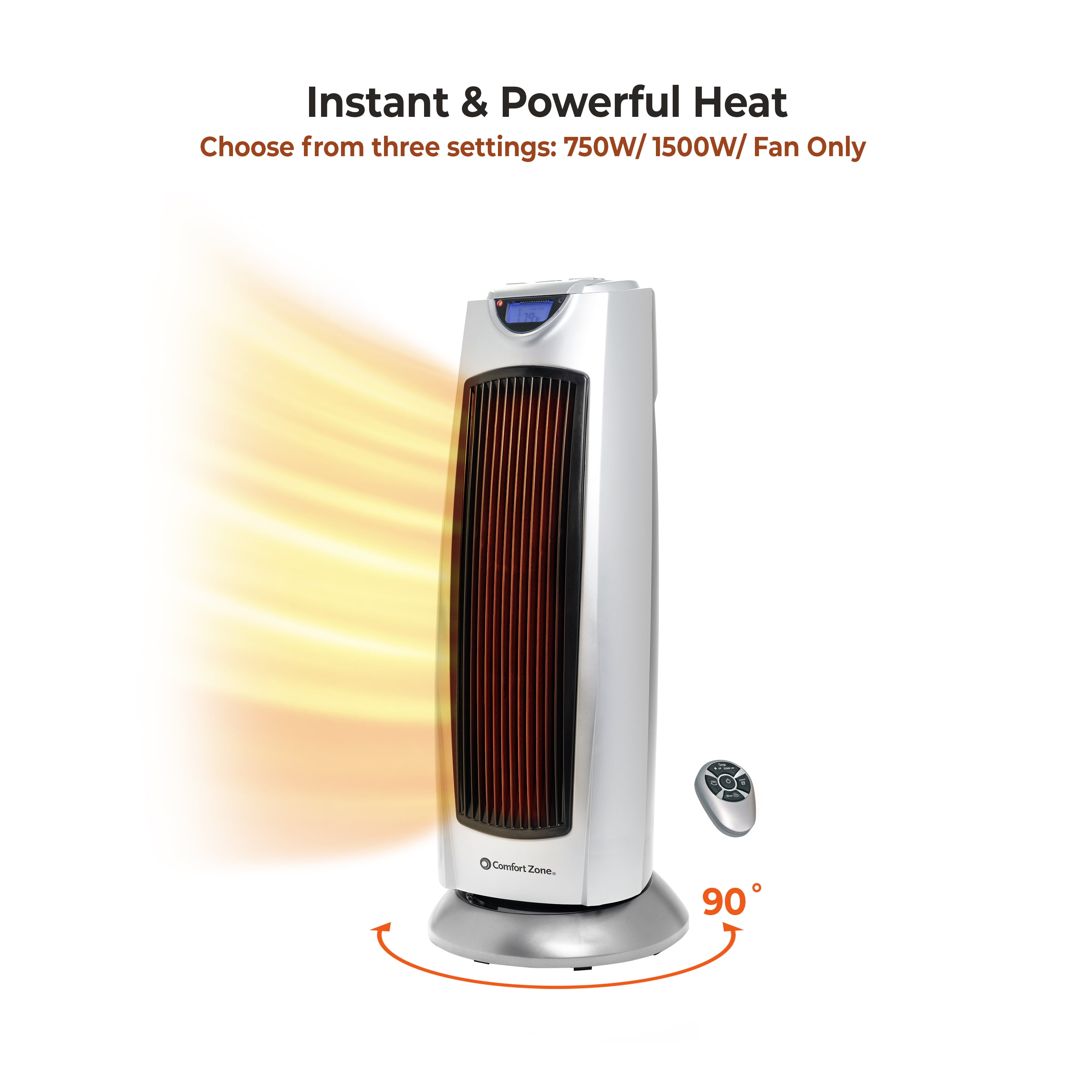 Comfort Zone Ceramic Oscillating Digital Tower Space Heater (Silver, 1500W) 9gc0w