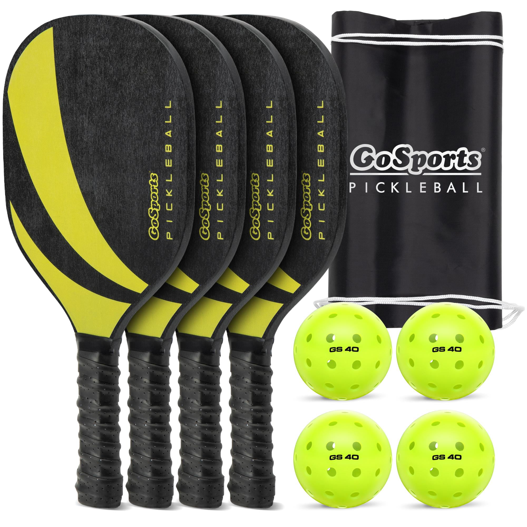 GoSports Pickleball Set with 4 Paddles and 4 USAPA Approved Balls (Yellow, 4-Paddle Pack) kx29j