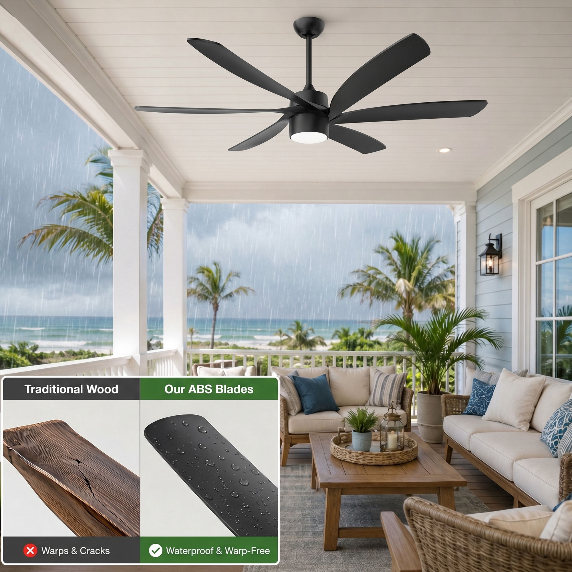 ShreeFindee 64 in Outdoor Ceiling Fan with Light, Dimmable LED, Reversible DC Motor, Waterproof for Patio and Indoor Use (Black, 64 in) olngl