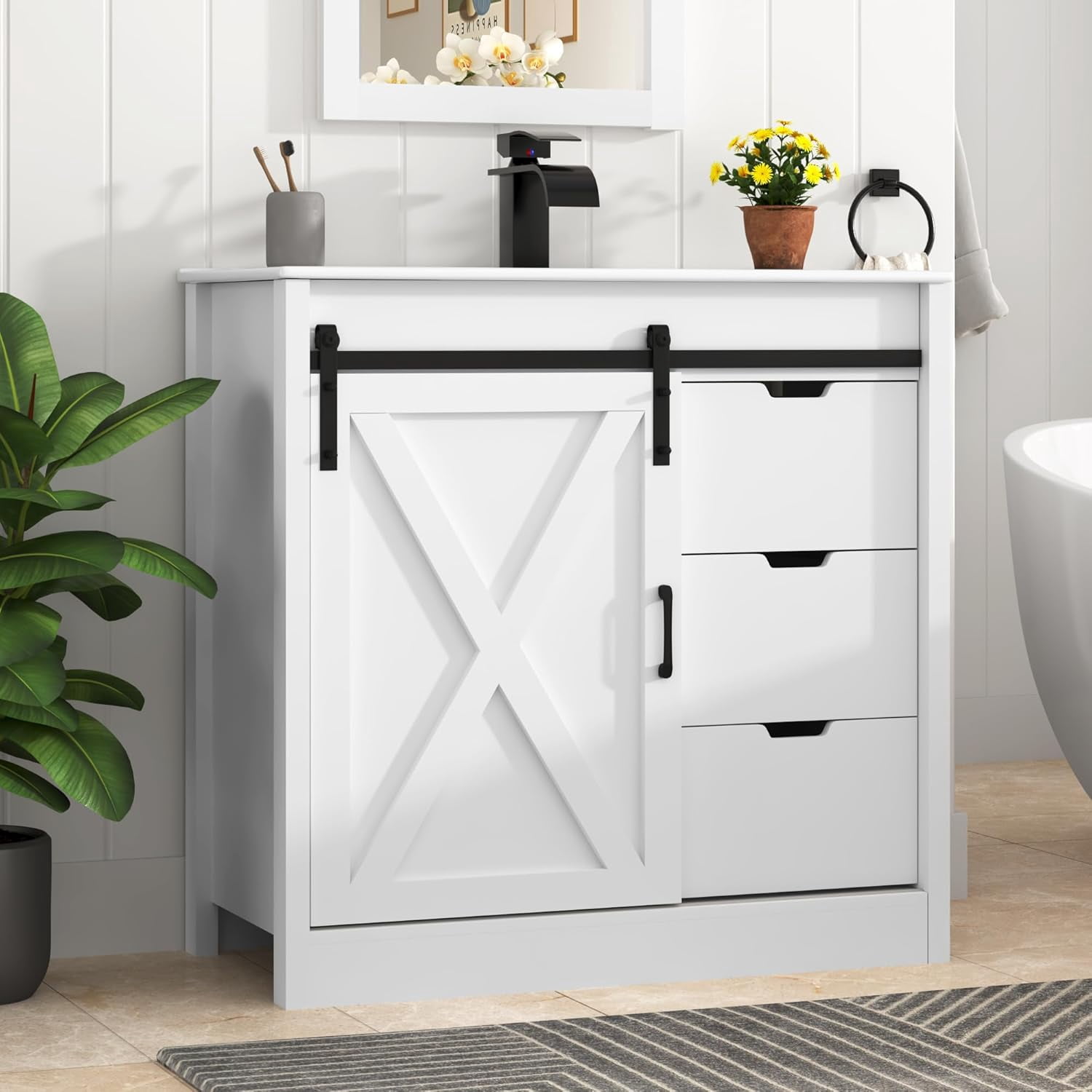 Blotout 36 in Farmhouse Bathroom Vanity Set with Sink, Faucet, and Mirror (White, 36 in) 2eh9x
