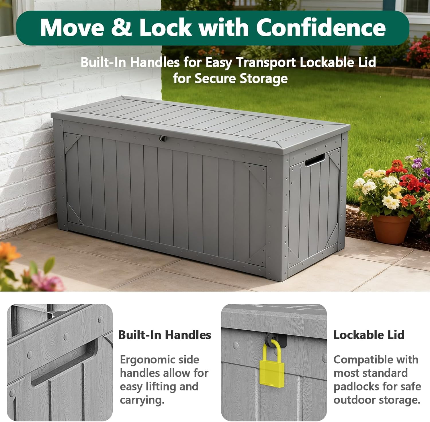 ToyKAKA 100 Gallon Outdoor Storage Box, Weather-Resistant Resin Deck Organizer for Patio Cushions and Garden Tools (Gray, 100 Gallon) mwgfz