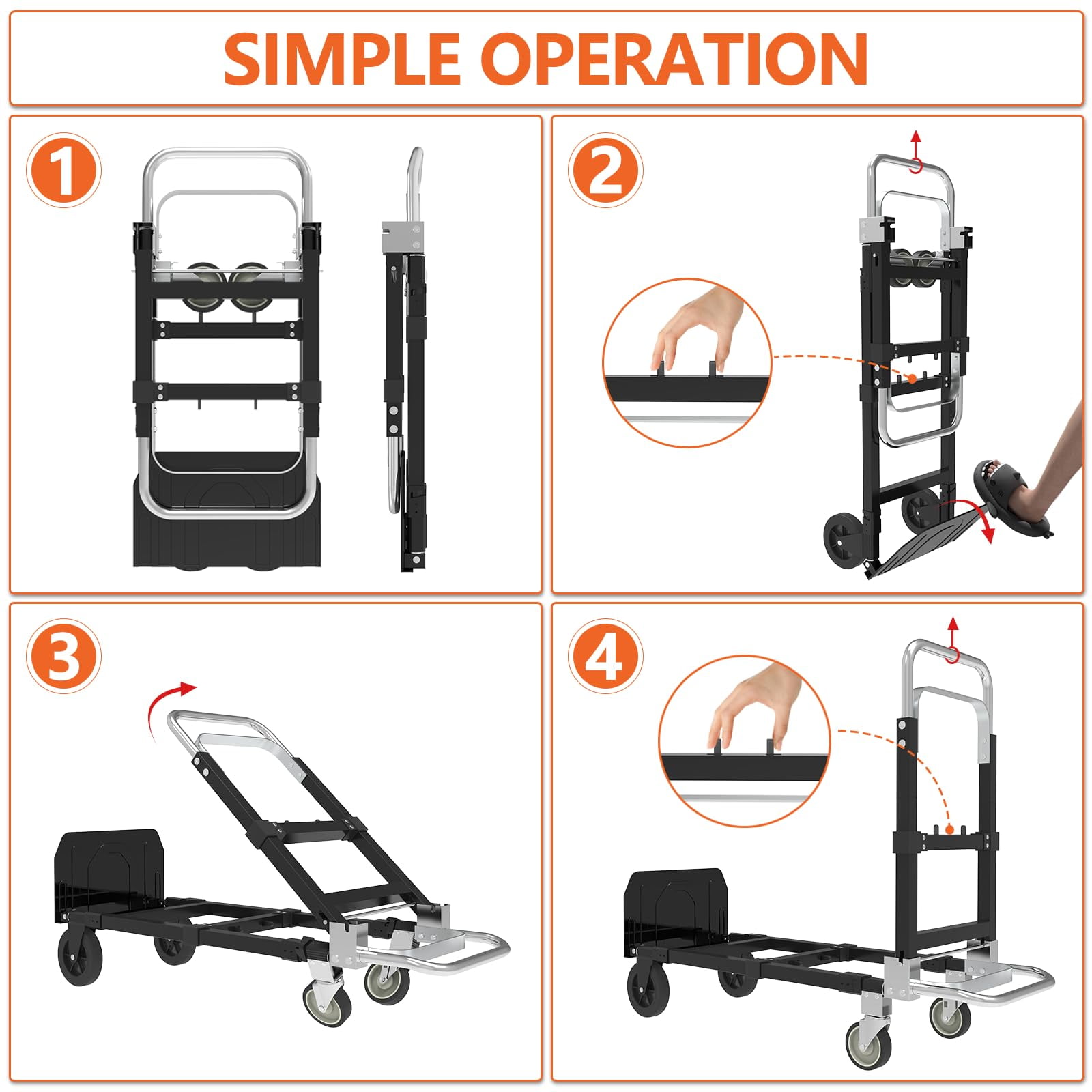 G TALECO GEAR 3-in-1 Convertible Hand Truck, Heavy-Duty Folding Dolly Cart with Telescopic Handle (Black, 580 lb Capacity) jc8te