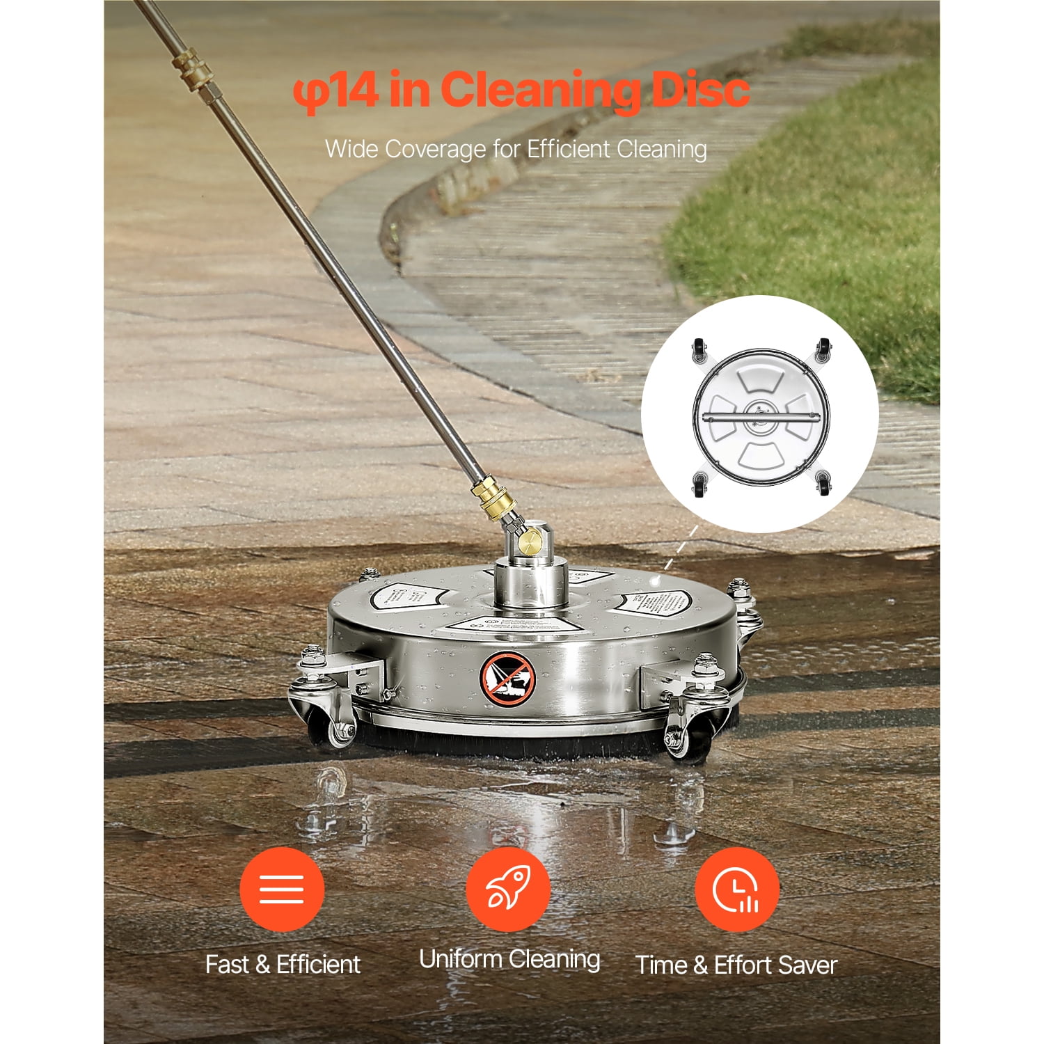 KFFKFF 14 in Pressure Washer Surface Cleaner Attachment with Extension Wands and Quad Wheels (4000 PSI, Stainless Steel) t5n0k