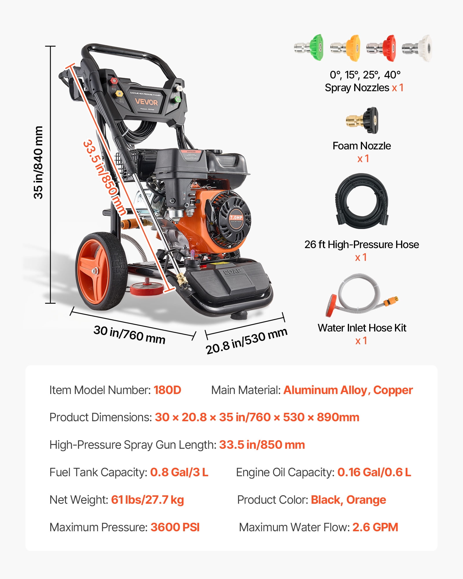 VEVOR Gas Pressure Washer 3600 PSI 2.6 GPM High-Pressure Cleaner with 5 Nozzles and 26 ft Hose (3600 PSI, 26 ft) tusnz