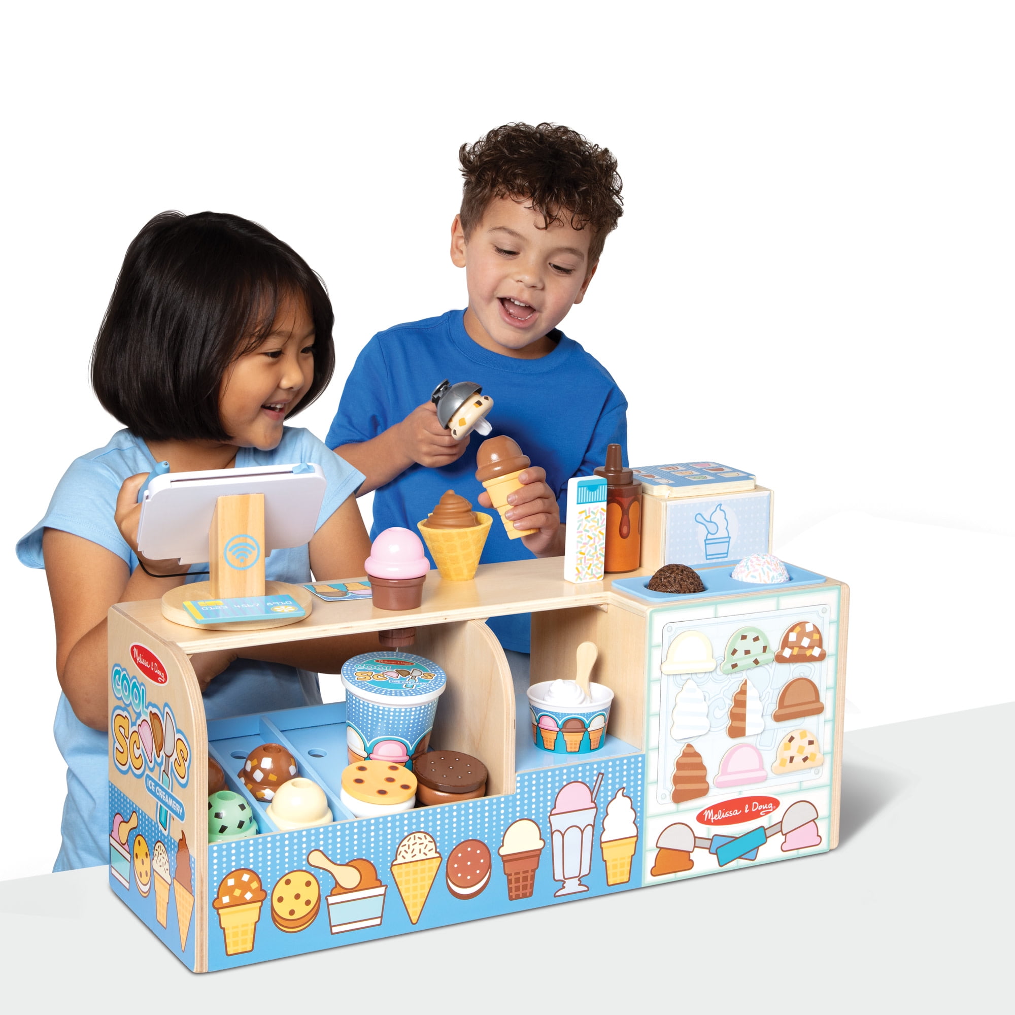 Melissa & Doug Cool Scoops Ice Creamery Wooden Play Counter with Pretend Food Set (15 in x 10 in x 8 in) emb42