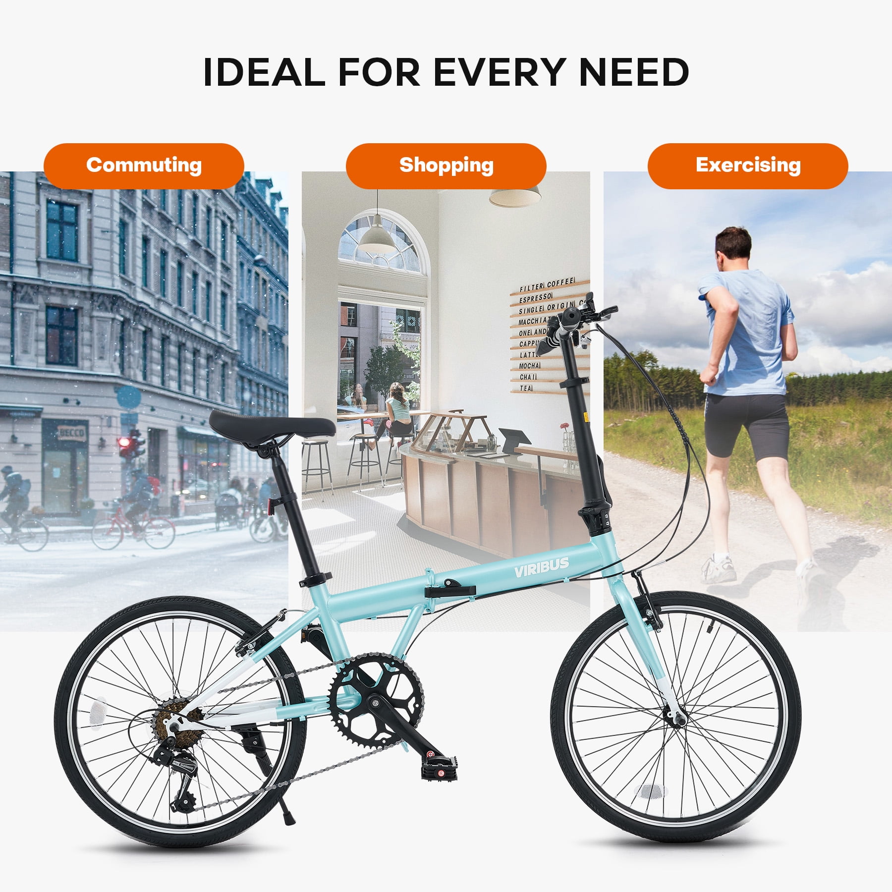 Viribus 20 in Adult Folding Bike, 7-Speed City Commuter Bicycle with Adjustable Saddle (Mint, 20 in) sx05e