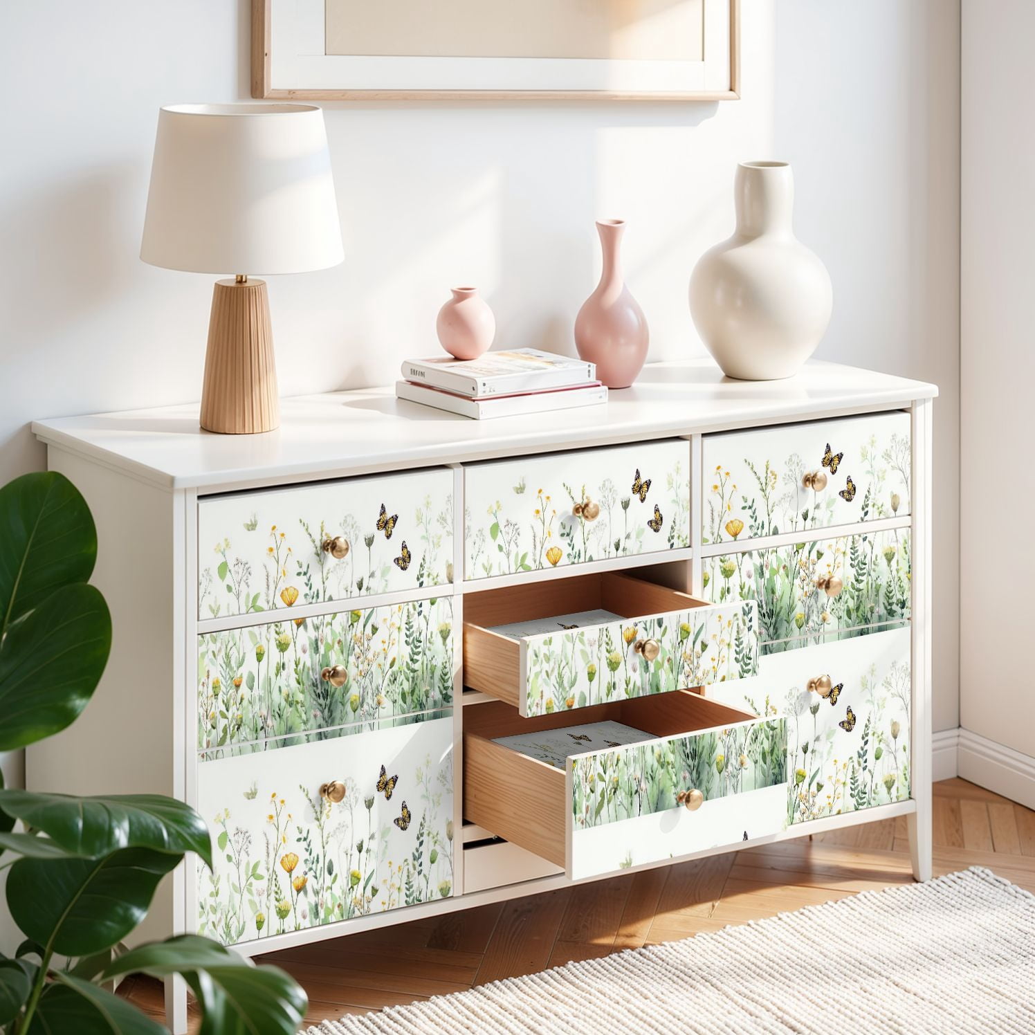 VETEB Peel and Stick Wallpaper Floral Abstract Yellow Flowers and Green Leaves (Yellow, 24 in x 118 in) kqroo