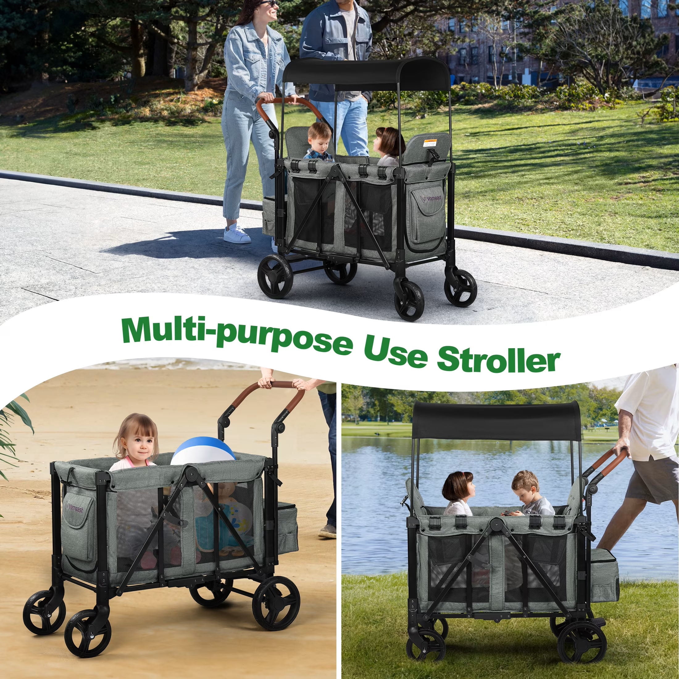 Vomeast 3-in-1 Wagon Stroller for 2 Kids, Outdoor Baby Stroller with Canopy and 5-Point Harness (Grey, 200 lb Capacity) 3b7gc