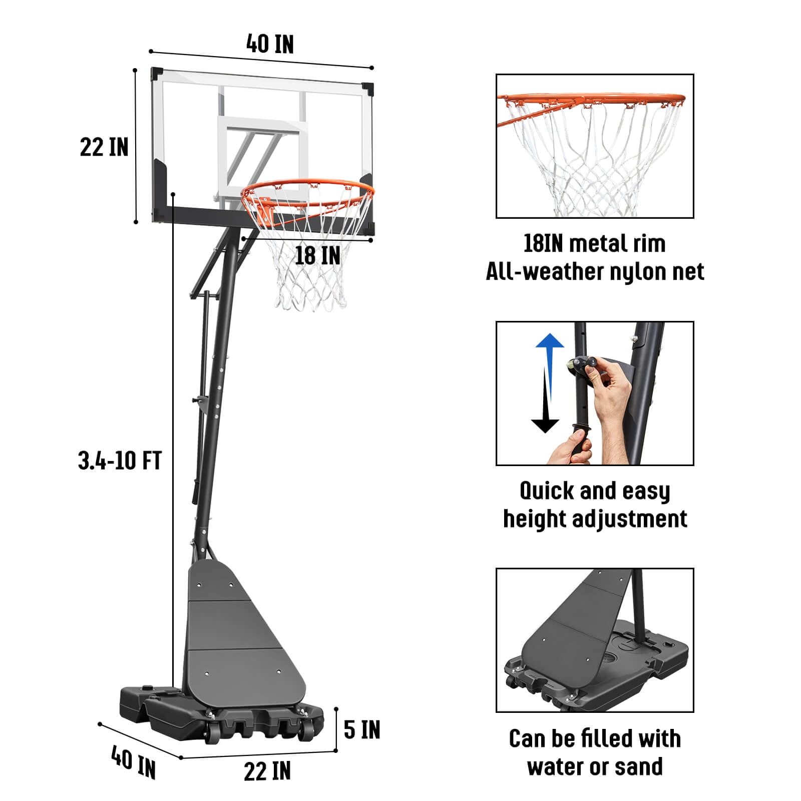 SERAY Adjustable Basketball Hoop System, Portable Basketball Goal with 40 in Shatterproof Backboard, Indoor/Outdoor Play (White, 3.4-10 ft) dvs1a