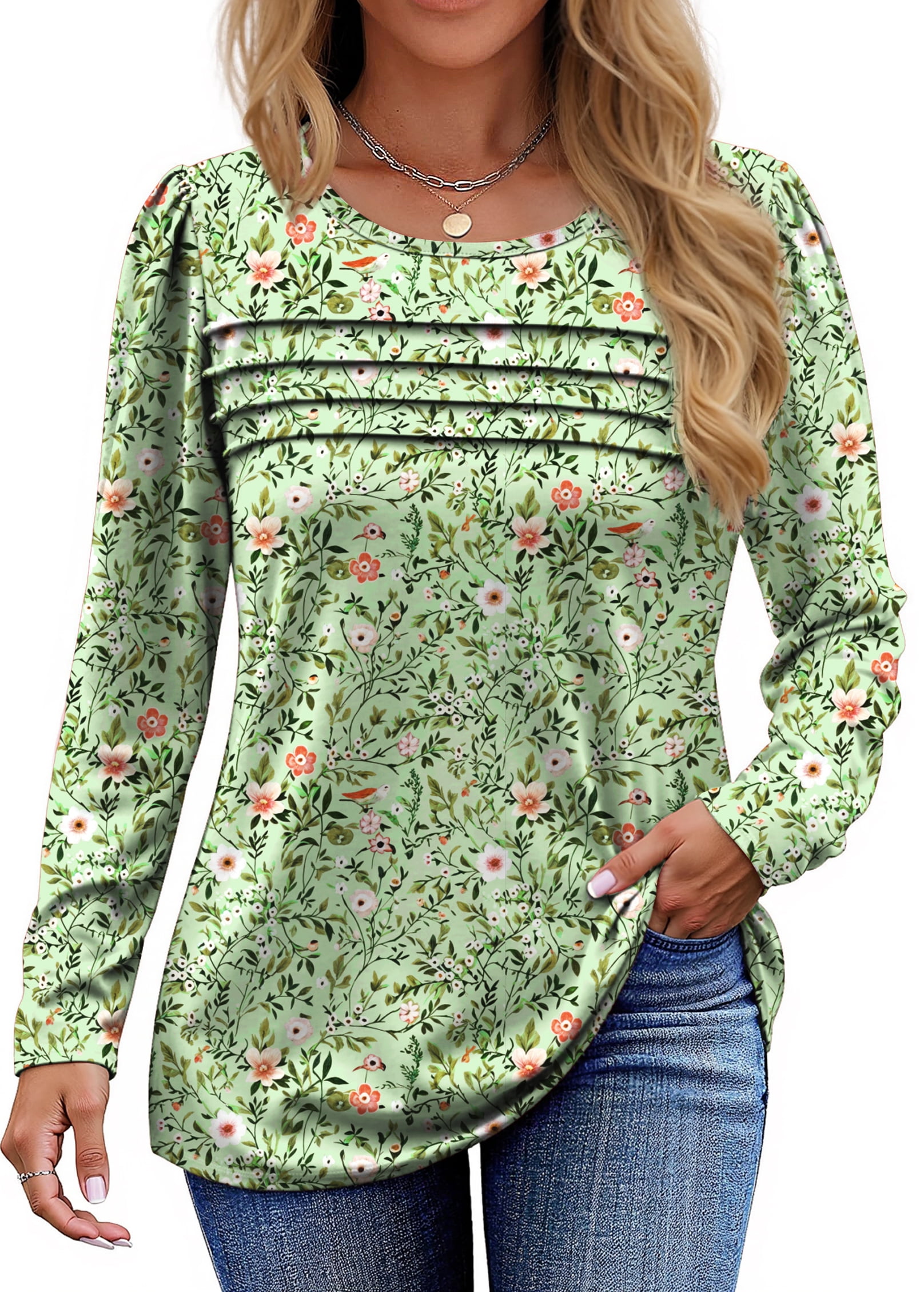 Fantaslook Women's Long Sleeve Pleated Tunic Top Dressy Casual Fall Blouse (Green, S) sre41