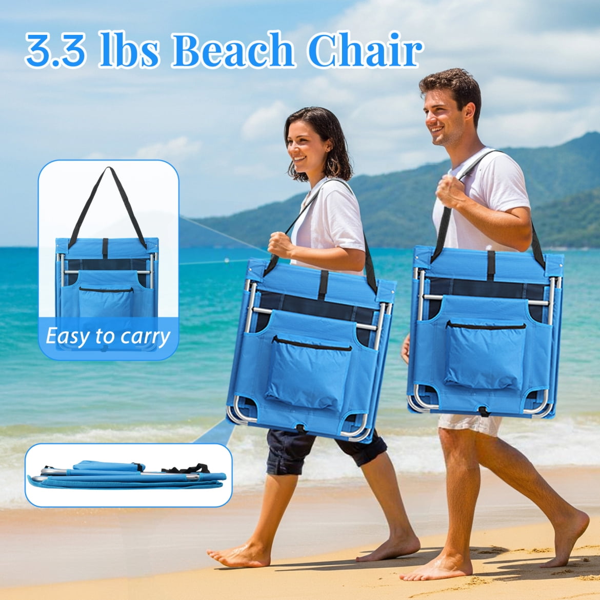 voqoomkl Foldable Beach Lounger Chair with Mesh Back and Cooler Pocket (Blue, 3.3 lb) pijga