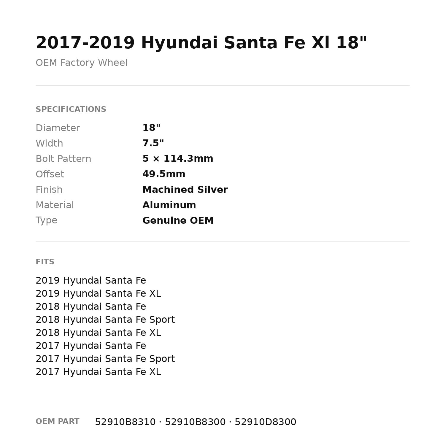 Factory Wheel Warehouse Hyundai Santa Fe Wheel Rim (Silver, 18 in) sx5q5