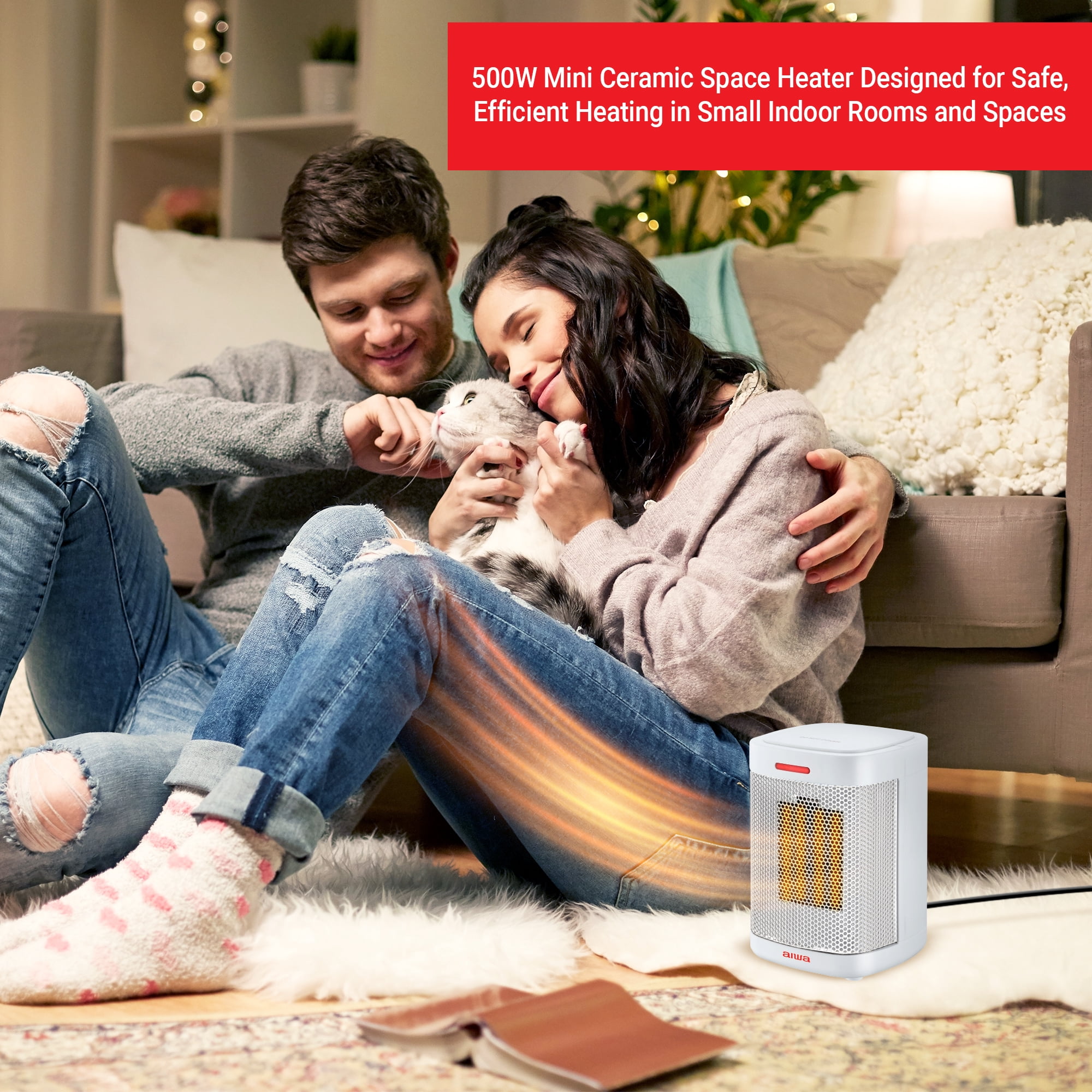 Aiwa Ceramic Space Heater, Mini Portable Electric Indoor Heater with Overheat Protection (White, 6 in x 4.3 in x 4.3 in) preor