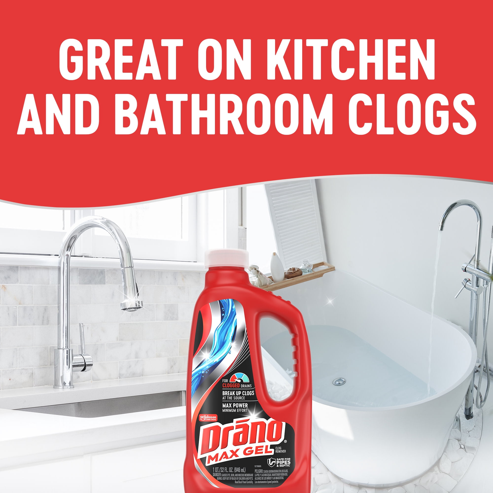 Drano Max Gel Drain Clog Remover, Heavy-Duty Pipe Cleaner for Kitchen and Bathroom (32 oz) 2m72o