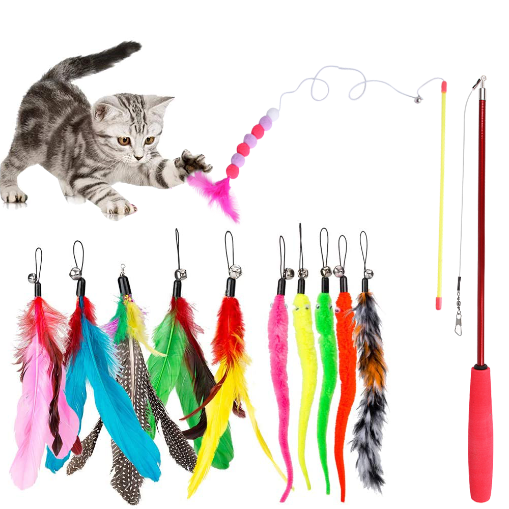 GYDEK Interactive Cat Wand Toy Set, Retractable Fishing Pole with 12 Feather and Worm Refills (13.4 in to 39.4 in) k2pj4