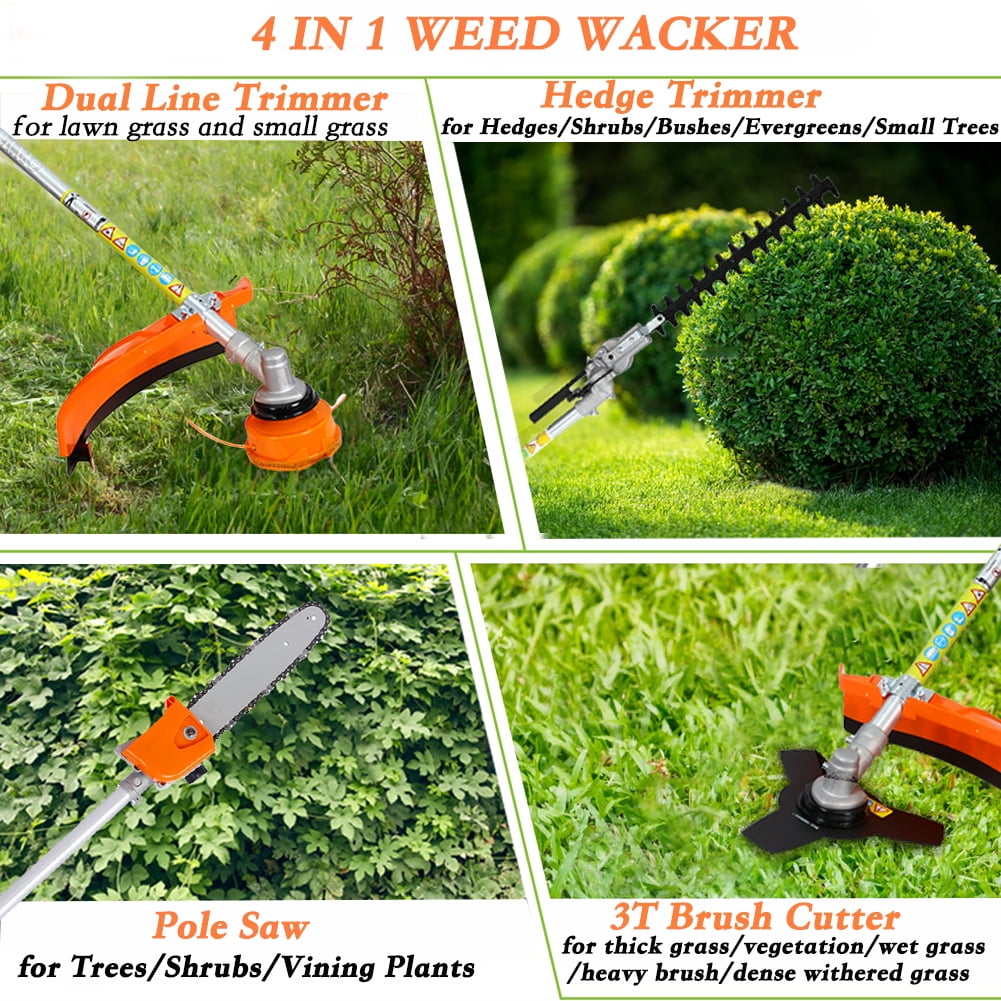 POWANLI 4-in-1 Gas Garden Tool System, Multi-Functional Backpack Trimmer with Hedge Trimmer, Pole Saw, Grass Trimmer, and Brush Cutter (52cc, 1 Pack) 4a5ed