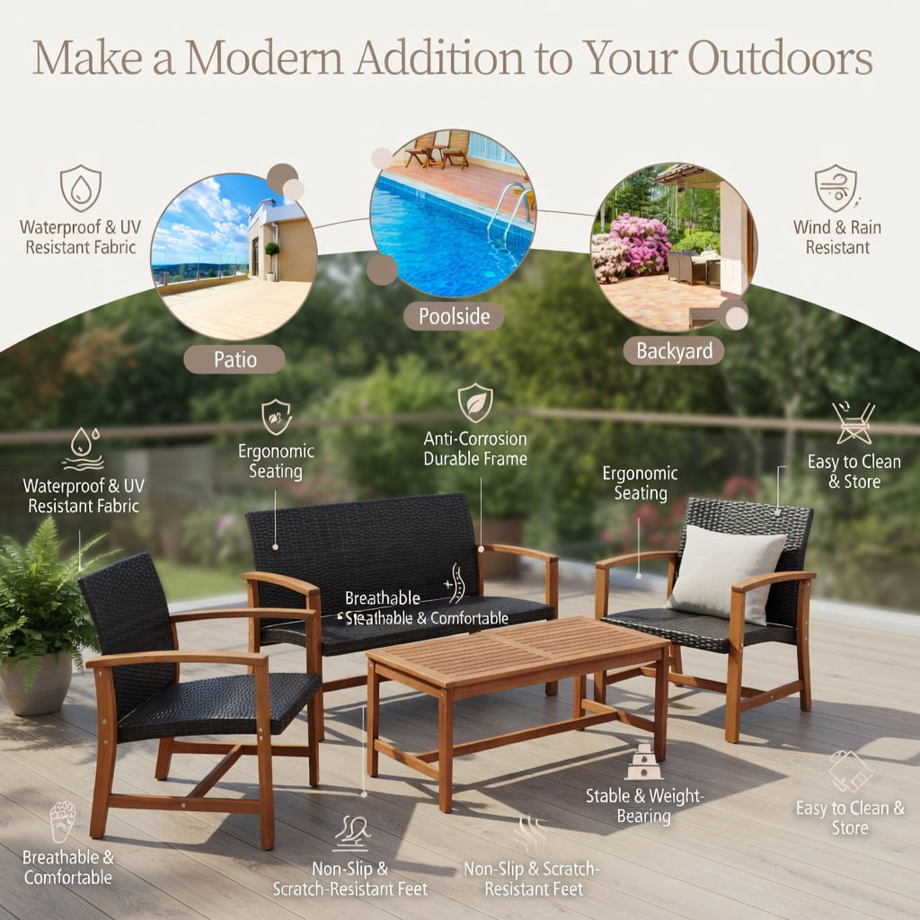 Resenkos 3-Piece Patio Rattan Bistro Furniture Set, Outdoor Garden Conversation Set with Acacia Wood Table Top (Beige) 7wp4y