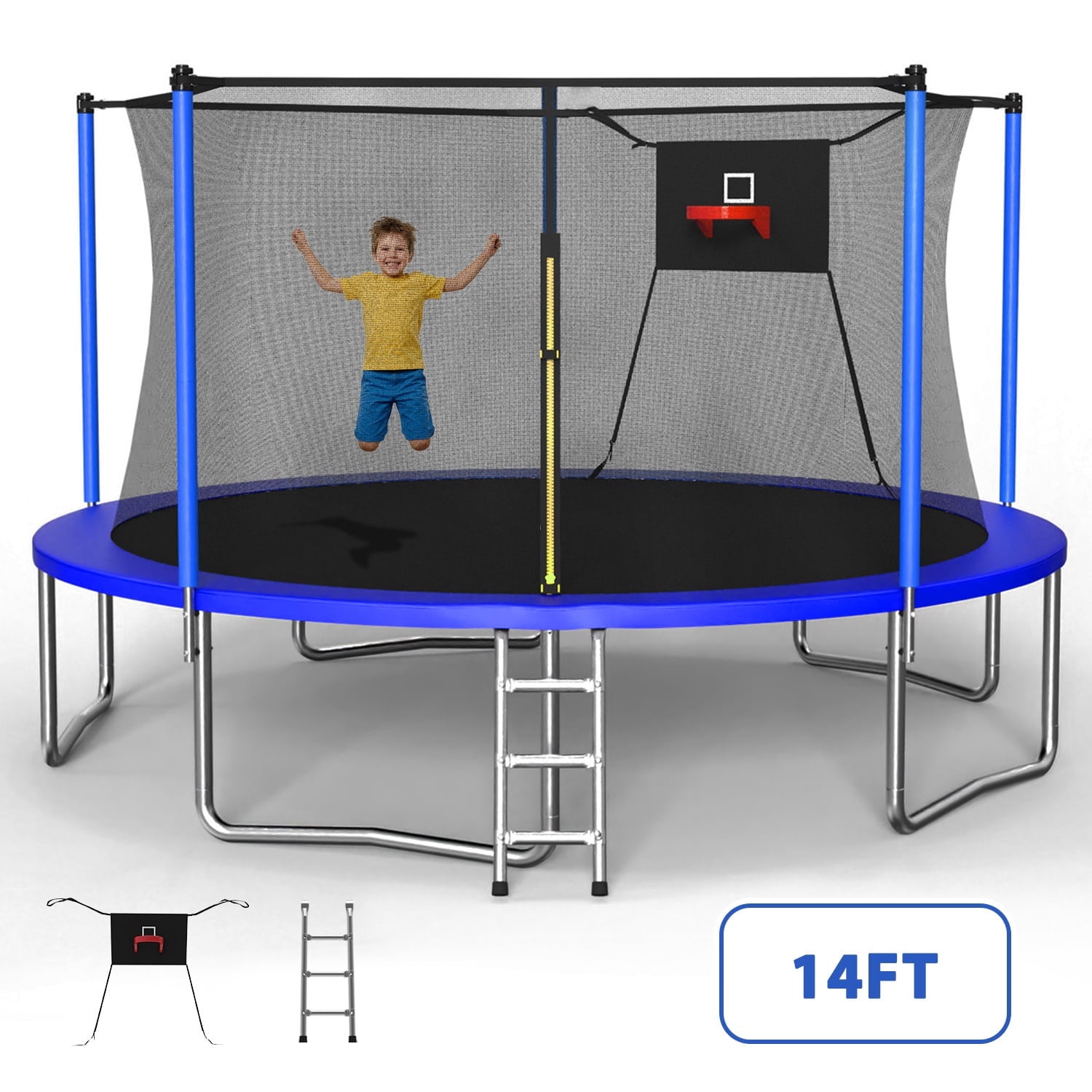 SHINPT 14ft Outdoor Trampoline with Basketball Hoop and Ladder, Heavy-Duty Backyard Trampoline with Safety Net (Blue, 14 ft) v976f