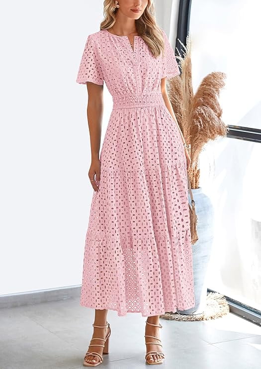PRETTYGARDEN Womens Summer Maxi Dress V Neck Short Sleeve Eyelet A-Line Flowy Beach Vacation Dress (Pink, XL) x6cup