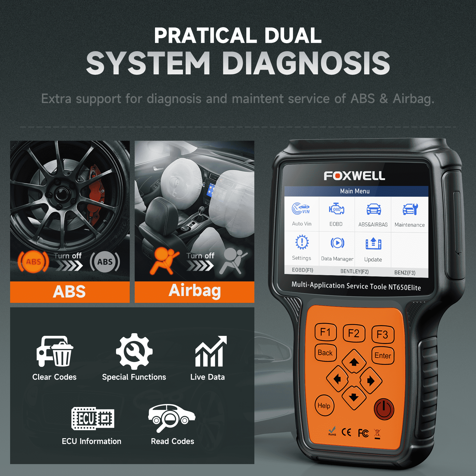 Foxwell NT650 Elite OBD2 Scanner Bidirectional Diagnostic Tool with 26 Maintenance Reset Services (Black, 4.3 in Screen) kbuxz