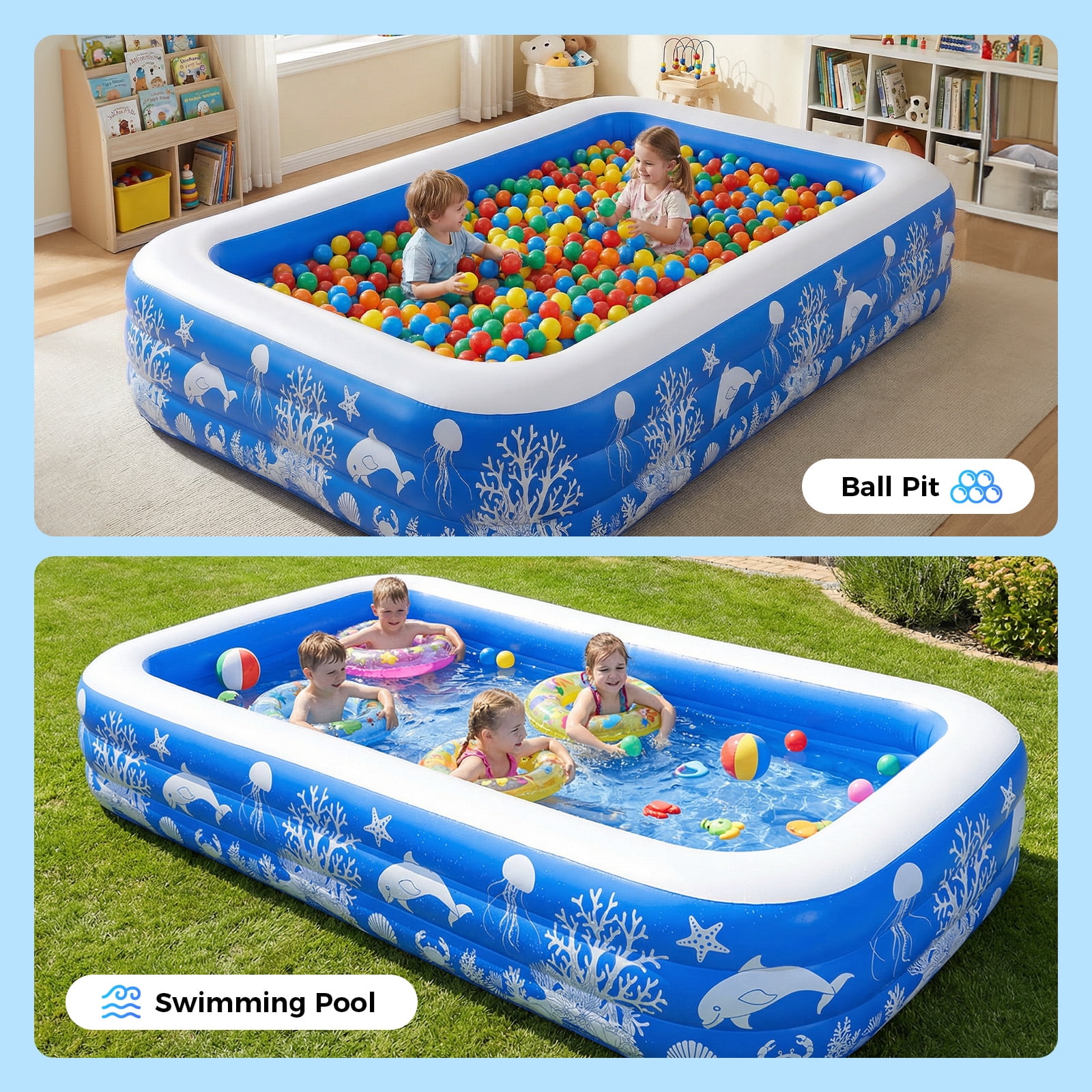 TASKBAY Inflatable Family Swimming Pool, Oversized Thickened Outdoor Kiddie Pool (Blue, 120 in x 67 in x 22 in) dw16a