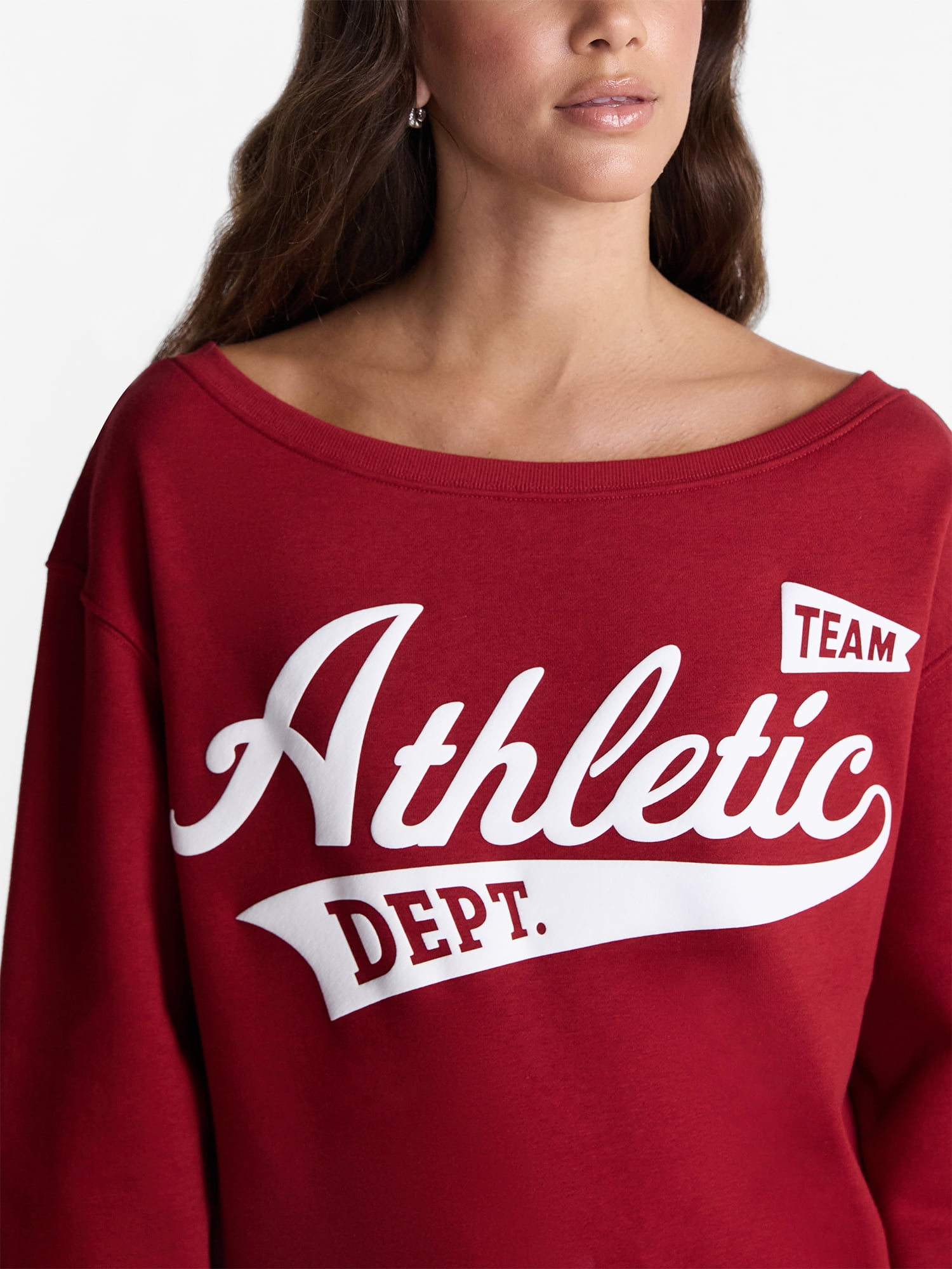 No Boundaries Women's Off-the-Shoulder Long Sleeve Fleece Sweatshirt (Red, S) fgg6r