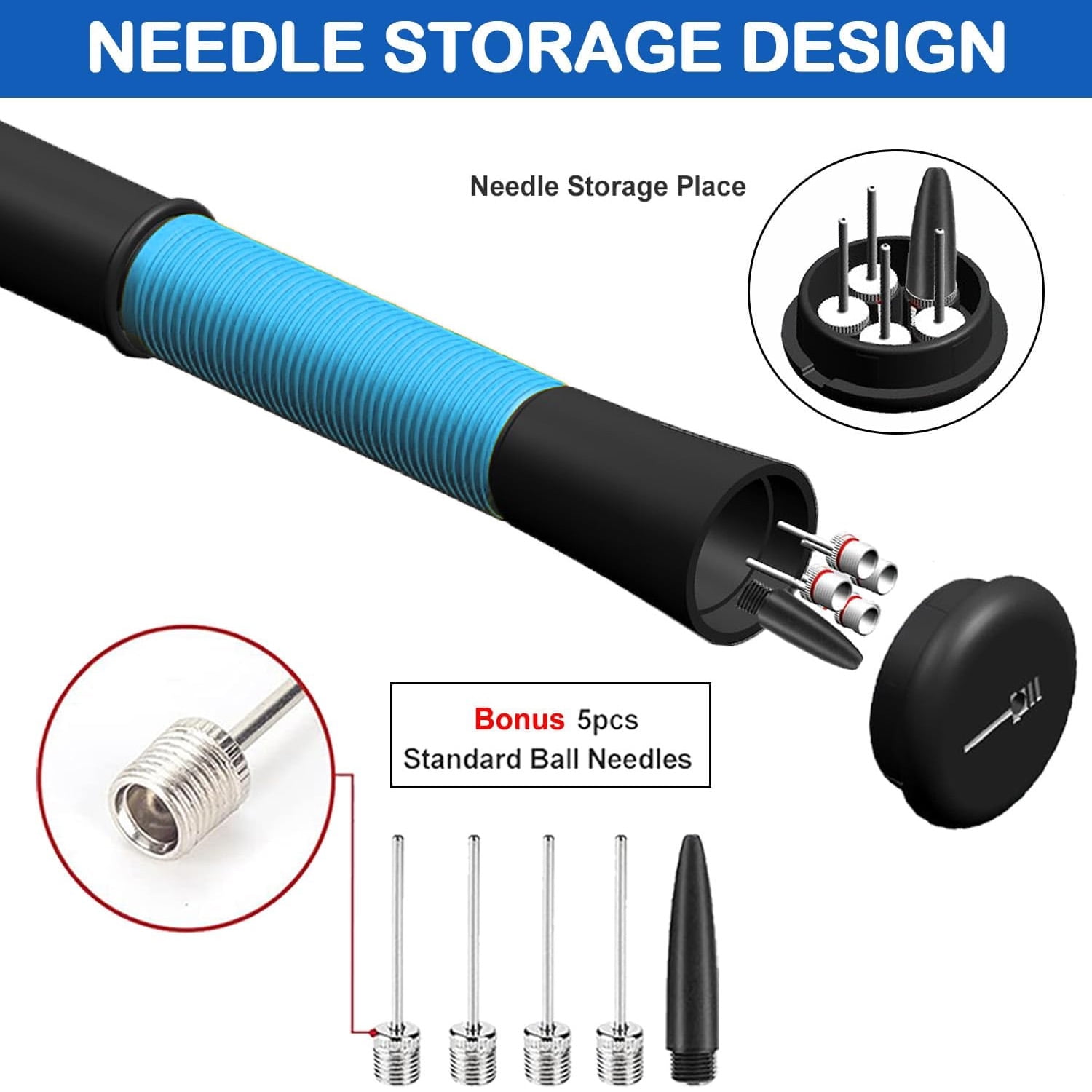 Fenxyo Portable Sports Ball Pump with Built-in Needle Storage and Extendable Hose (Blue, 1 Pack) c5js4