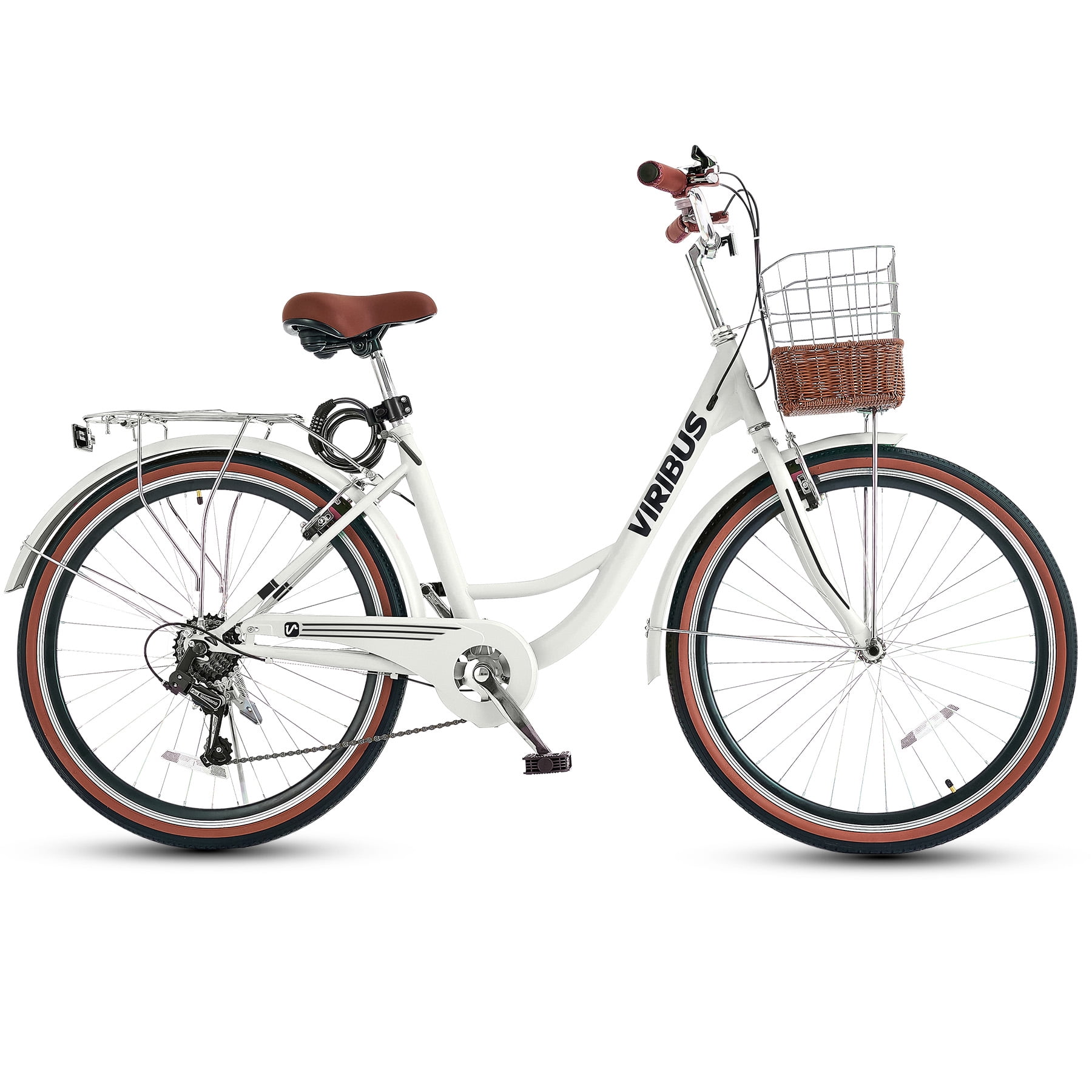 Viribus 24 in Women's Cruiser Bike, 7-Speed Beach and City Bicycle with Basket and Rack (White) 3vvao