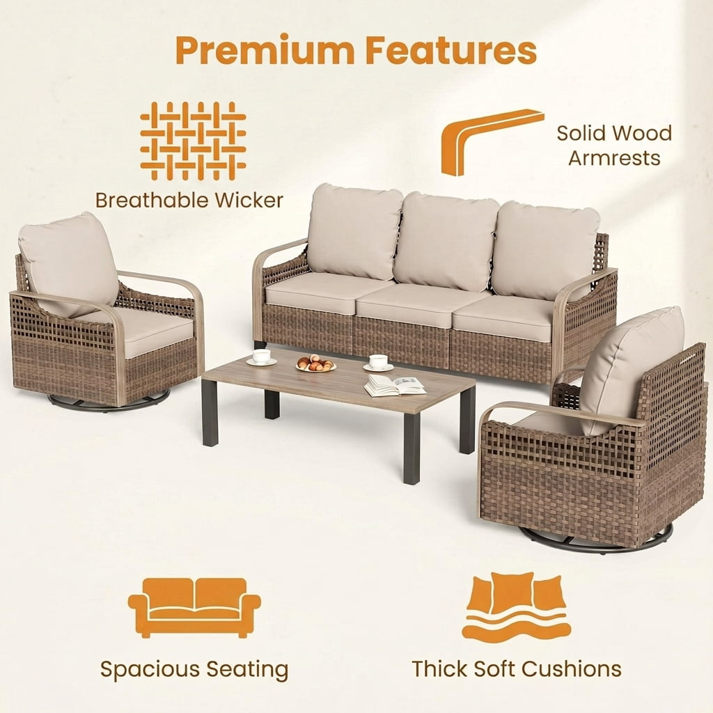 Poteban Outdoor Patio Wicker Furniture Set (Beige, 6-Piece Set) 255q0