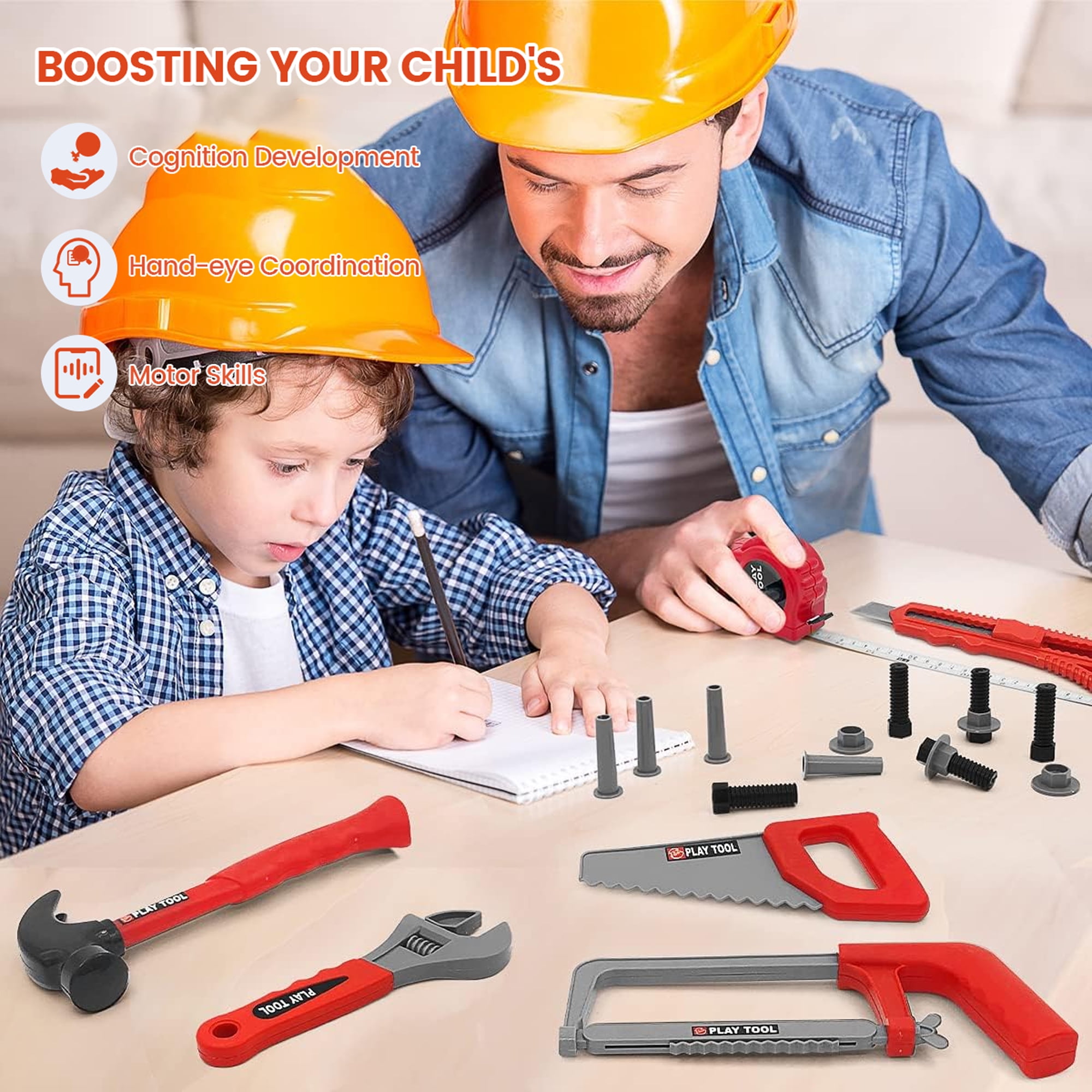 ALLJOY 55pcs Kids Construction Tool Set with Electronic Toy Drill and Storage Case (Red, 55 Piece Set) o651s