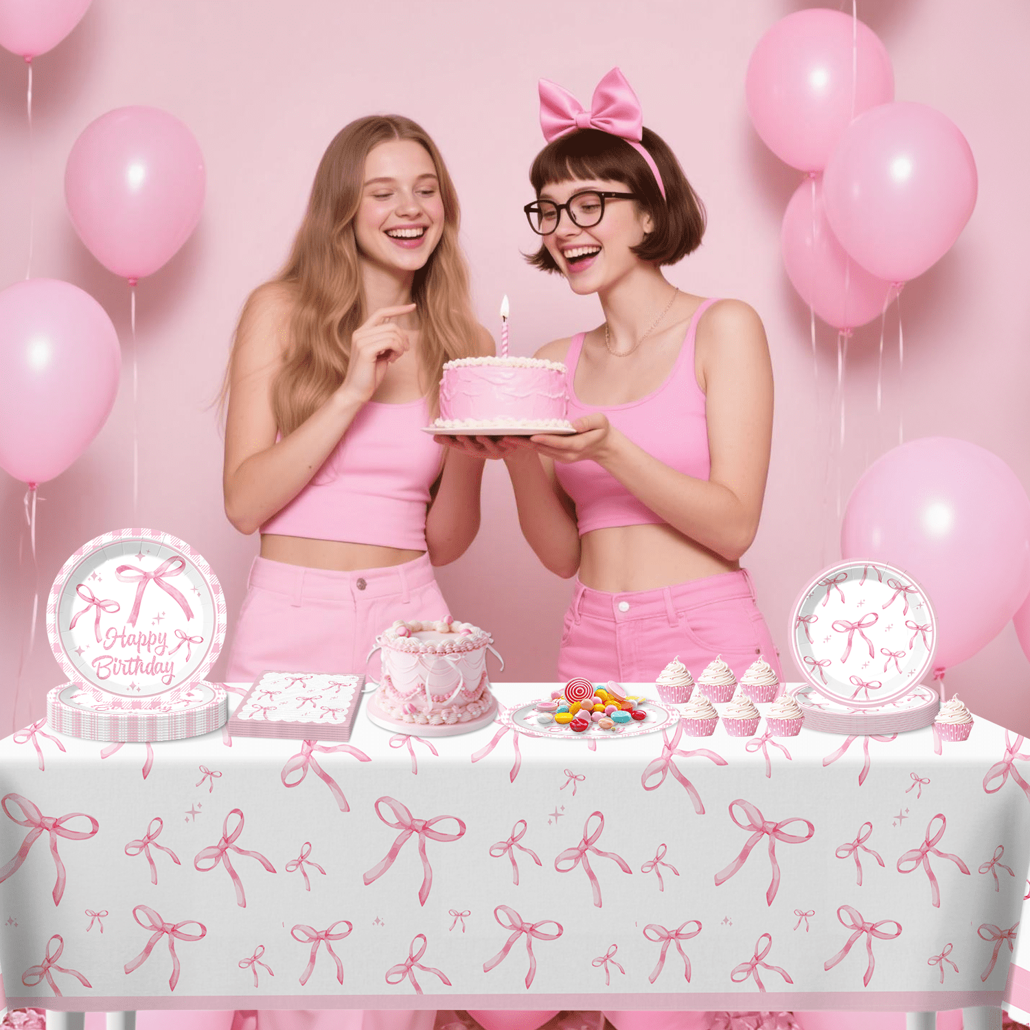 Morabloomy Coquette Birthday Party Supplies Set (Pink, 41-Piece Tableware Kit) nxk04