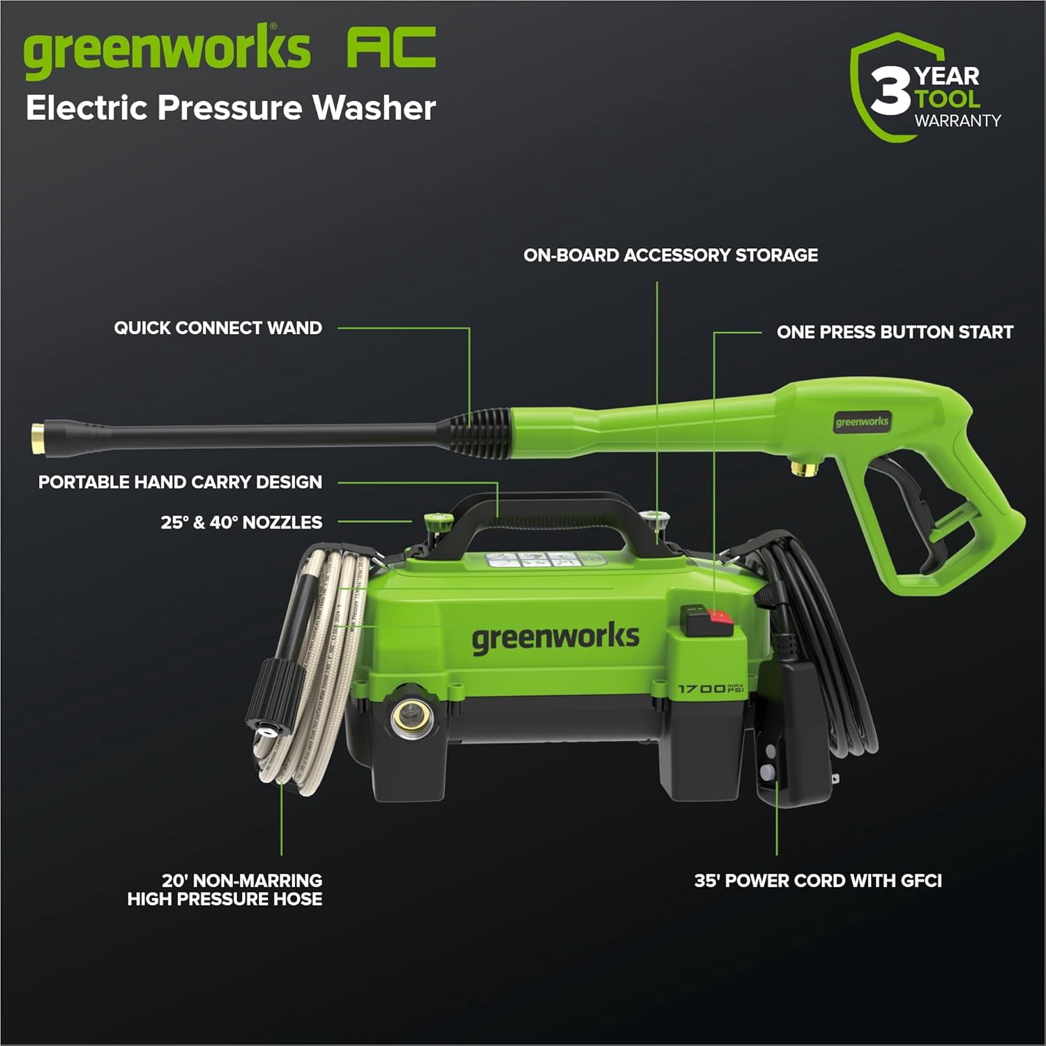 Greenworks 1700 PSI Electric Pressure Washer with 20 ft Hose and Spray Wand (1.2 GPM) mreou