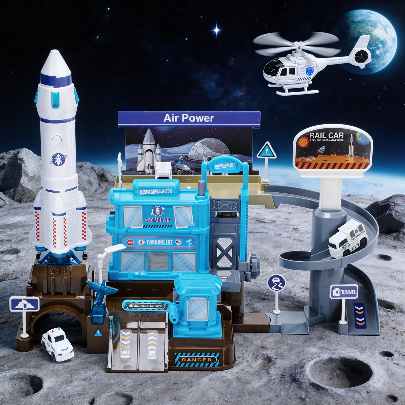 WEFONE Space Shuttle Building Toy Set with 3 Cars, Helicopter, and Rocket (Multi-Color, 6-Piece Set) 7yry9