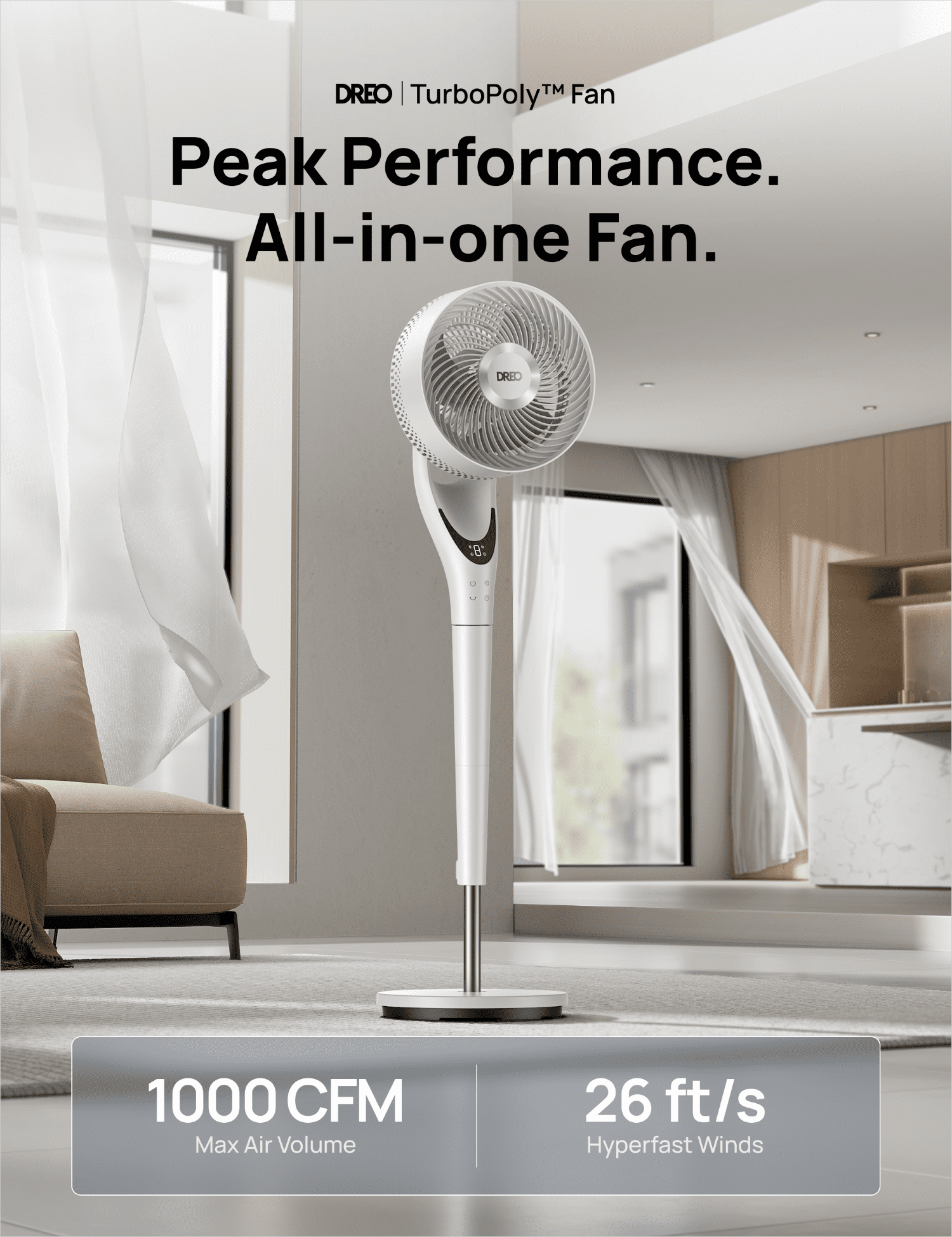 DREO TurboPoly 154 Ultra-Quiet BLDC Fan with 9 Speeds and 3 Modes (White) gfxnv