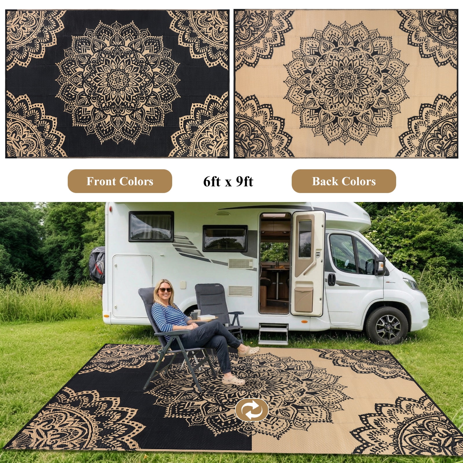 Findosom Reversible Outdoor Rug, Waterproof Plastic Straw Area Rug for Patio, RV, Camping, and Beach (Black, 6 ft x 9 ft) jgr0q